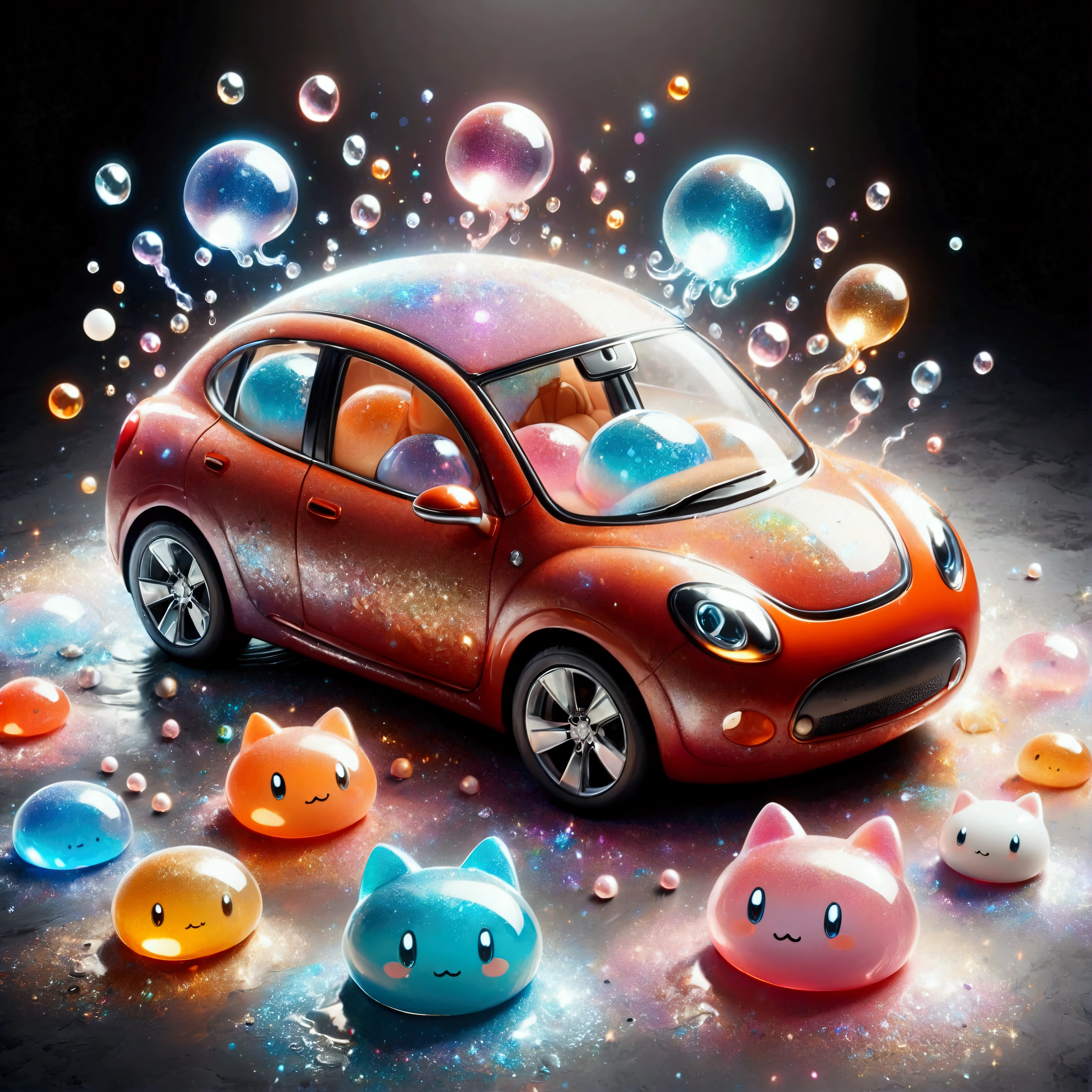 ral-opal transparent slime, A vibrant, colorful slime scene with various textures. Large, glossy, multi-colored slime puddle in the center, with embedded beads and glitter. A whimsical slime animal, resembling a dog or cat, on the left, with rough texture and brown, black, and white colors. A playful slime toy car on the right, with smooth, glossy red, black, and white colors. Scattered beads and glitter on the top left. Playful, whimsical atmosphere. High-quality, detailed image