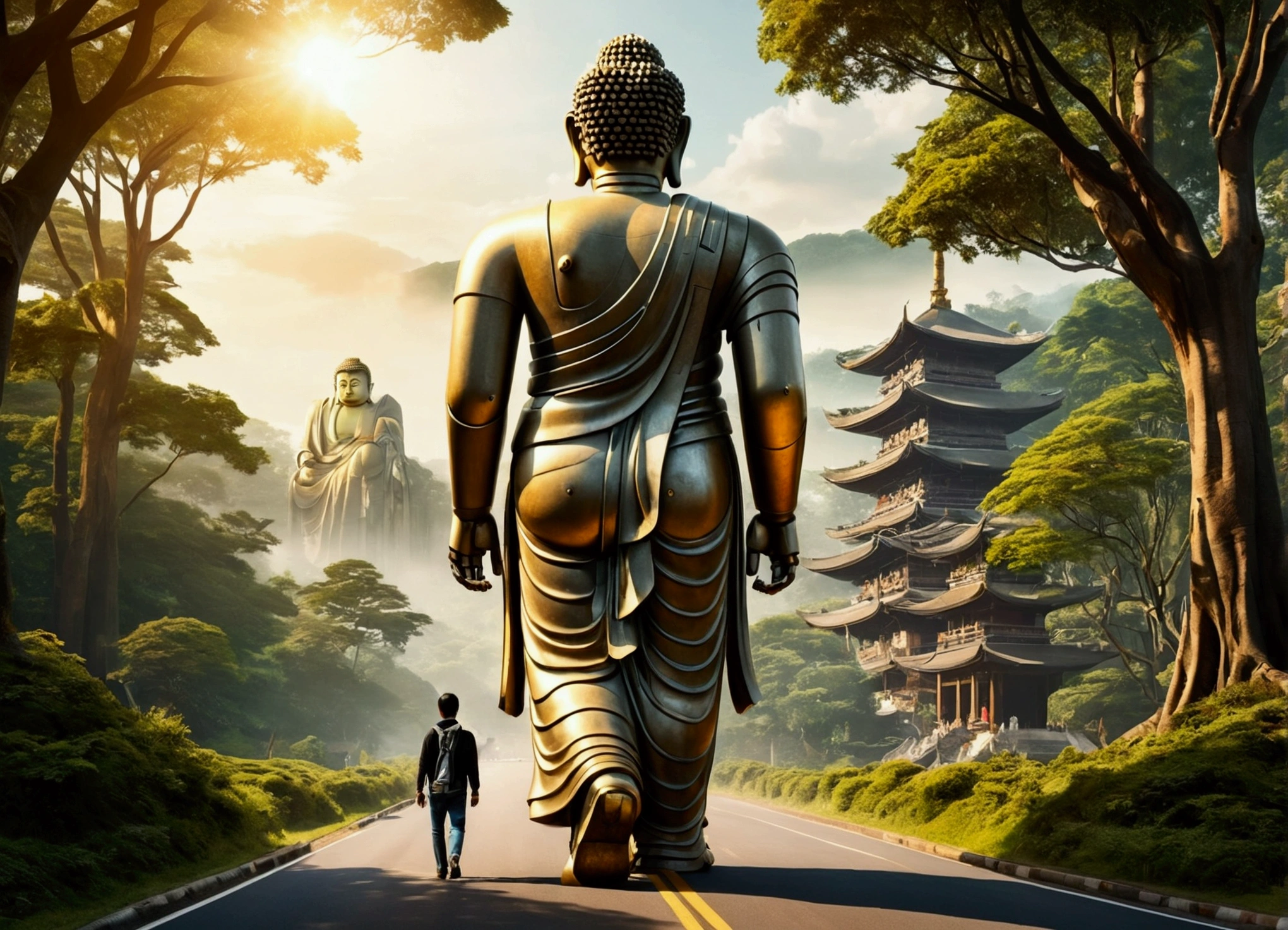 A giant Buddha robot seen in the distance, mechanical, texture, expensive, Majestic, Inverted Image, The background is illuminated by sunlight., Towering Tree々, Pilgrims walking along the road. Beautiful composition, With the masterpiece, detailed, High resolution