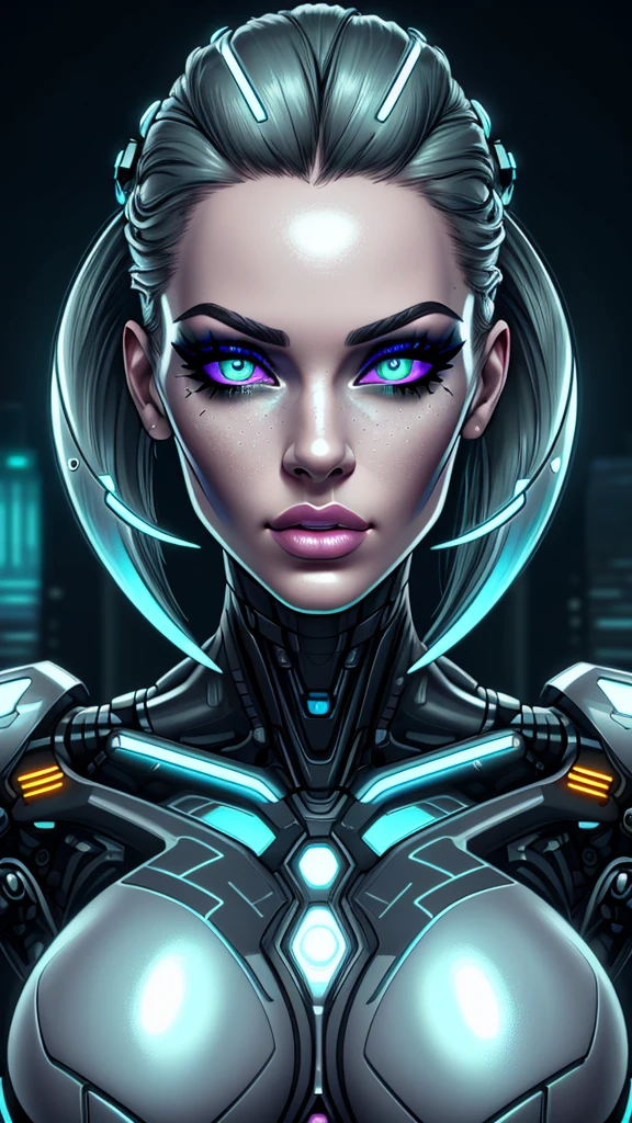 a cyborg girl, cyberpunk futuristic portrait, highly detailed face, beautiful detailed eyes, beautiful detailed lips, extremely detailed face and eyes, long eyelashes, intricate mechanical cybernetic implants, glowing neon geometric patterns, metallic chrome textures, neon city background, cinematic dramatic lighting, vibrant sci-fi colors, (best quality,4k,8k,highres,masterpiece:1.2),ultra-detailed,(realistic,photorealistic,photo-realistic:1.37)