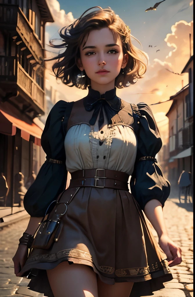 realistic, analog photo, Masterpiece, modern analog photo, middle shot, photorealistic, (detailed cute face), skyscape with clouds, nightfall, cute woman, small european town in 1910, short windblown skirt, soft steampunk aesthetic, short hair, smoke particles, halo, (bioluminescent:0.95), vibrant color details, dynamic, Intensed eyes, sexy, pleasure, wishmaster, depth of field, 35mm, film grain, raw photo, isometric, extremely detailed