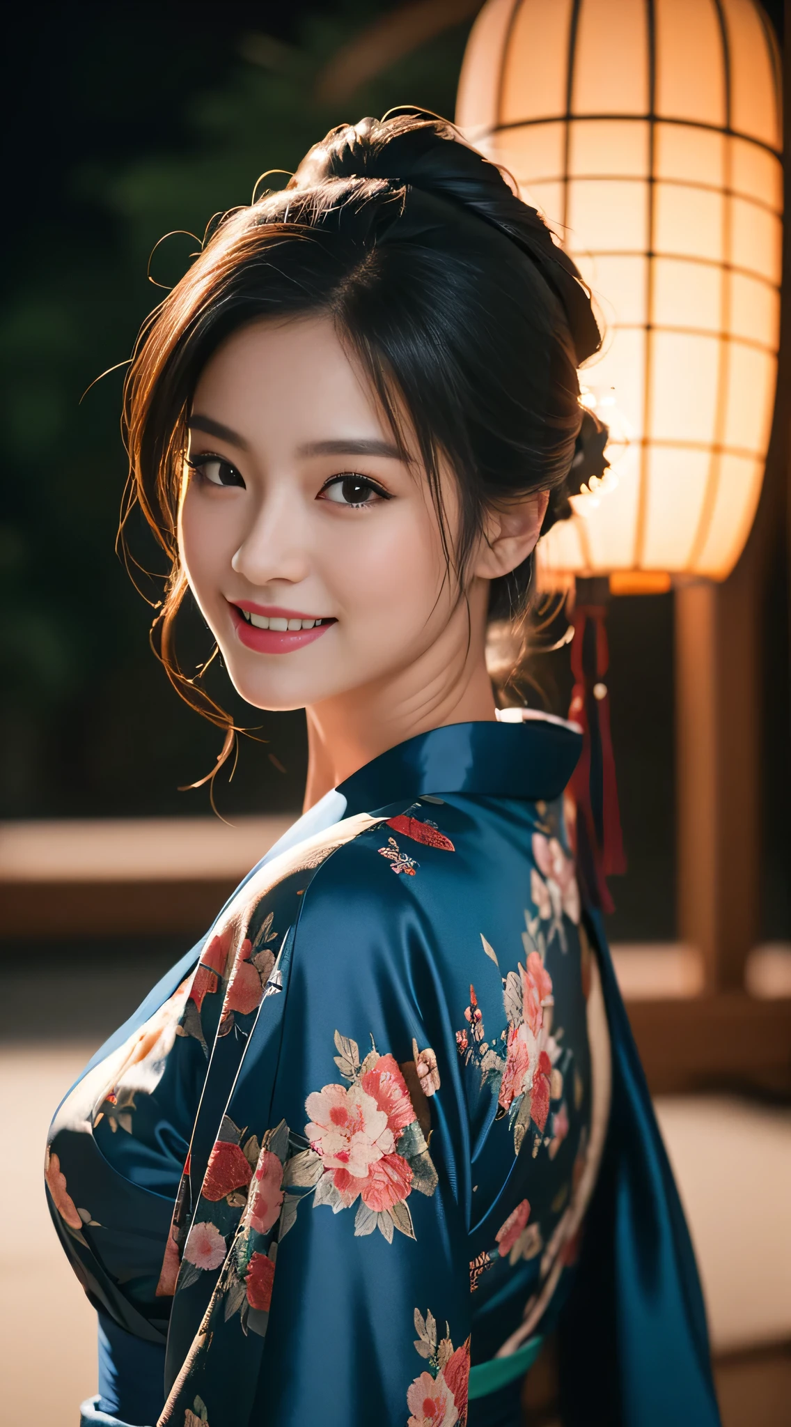 8kウルトラHD, Digital SLR,Film Grain, Fujifilm XT3,(Highest quality:1.3), (masterpiece:1.1), High resolution, Cinematic Light, Intricate details, (Realistic) (Night view) Realistic backlight、Dramatic reddish light、Beautiful Japanese Geisha full body photo, ((Facial texture Pore details)), Grin、Devilish smile, Shimada hairstyle, She wears a blue satin kimono decorated with traditional floral motifs..., , 8k, Front blur：