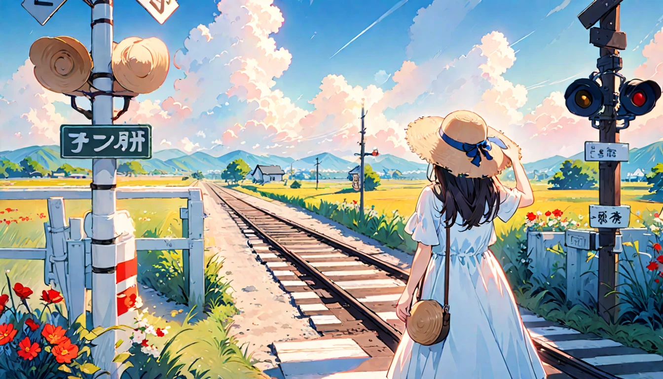 Summer in Japan、Beautiful Nature、Railroad crossing、blue sky、cloud、A girl in a straw hat and a white dress、An illustration、