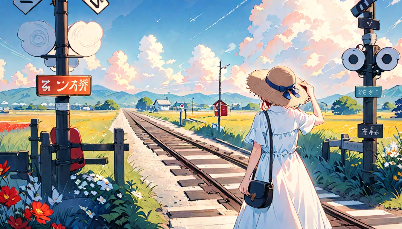 Summer in Japan、Beautiful Nature、Railroad crossing、blue sky、cloud、A girl in a straw hat and a white dress、An illustration、