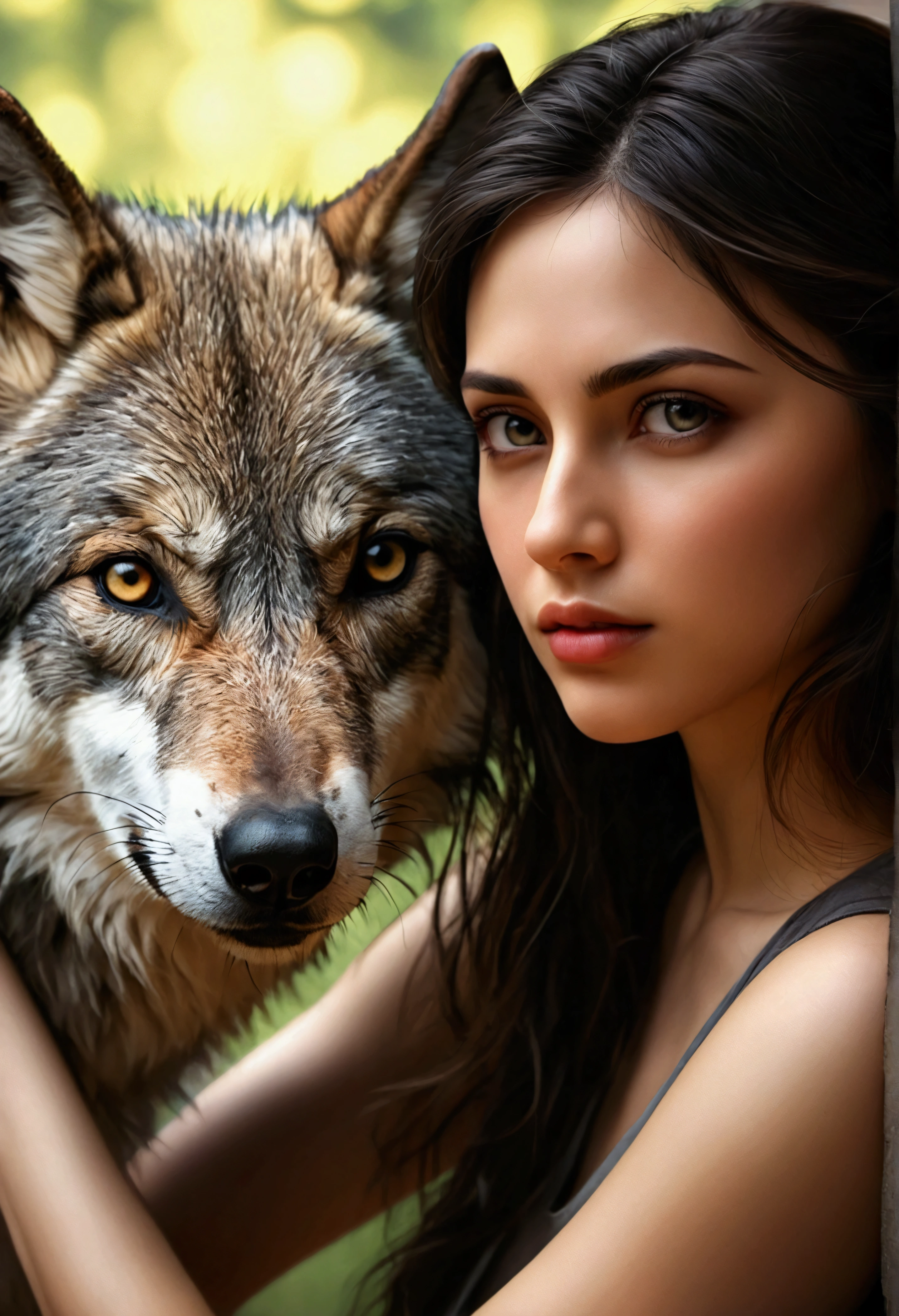 A wild gray wolf protects the beautiful girl
(Masterpiece: 1.5) (Photorealistic: 1.1) (Bokeh) (Best quality) (Detailed skin texture, pores, hair: 1.1) (Intricate) (8K) (hdr) (the wallpaper) (Cinematic lighting) (Sharp focus )