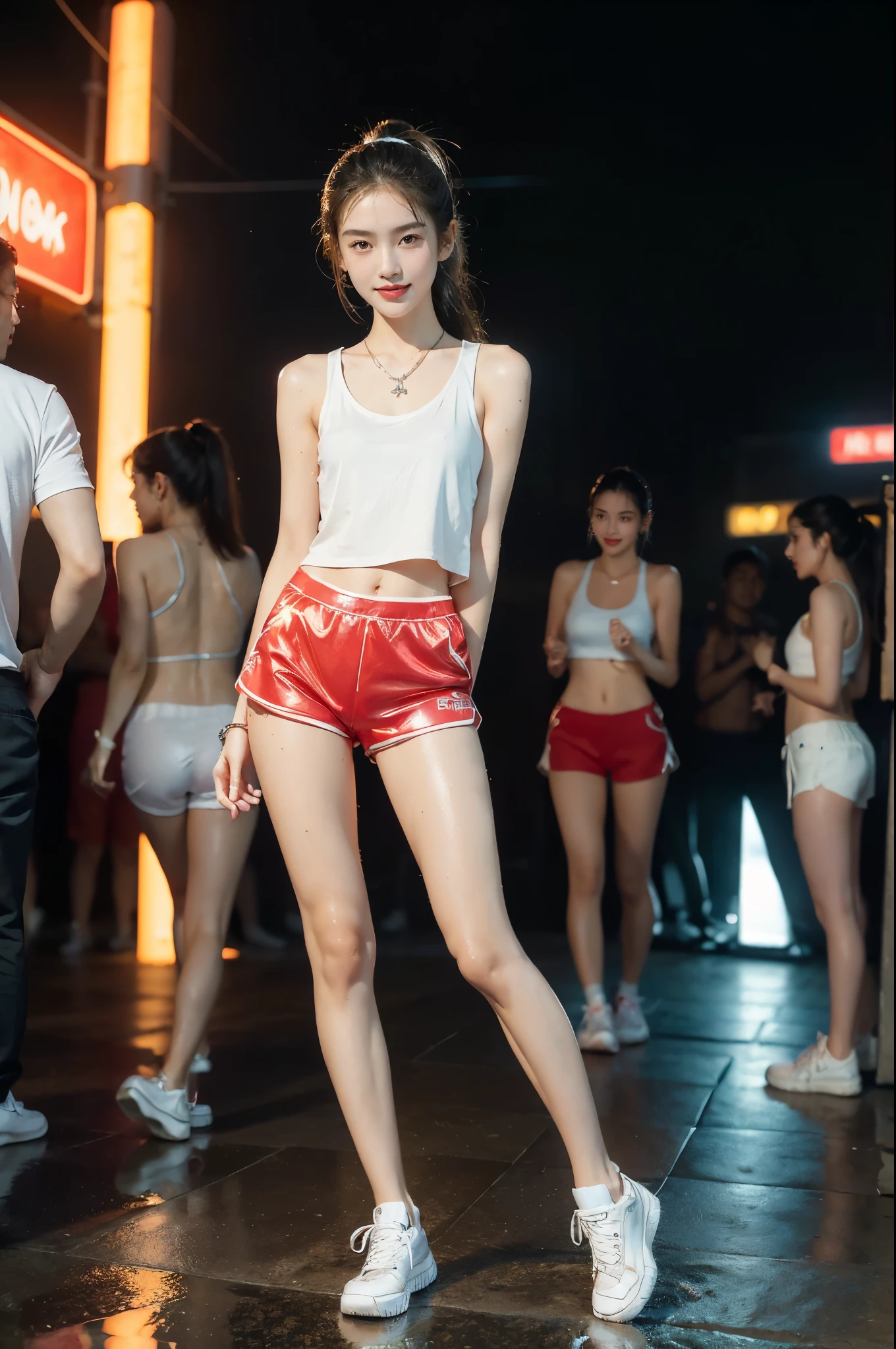 (((best quality))),(((ultra detailed))),(((masterpiece))),illustration,((1 beautiful girl,solo)),(short ponytail:1.2),((slim,thin)),((small breasts,flat chest)),(necklace:1.2),((sweat,wet)),(shiny skin:1.5),(white tank top:1.3),(red shorts:1.3),(slender legs:1.2),(sneakers:1.3),(in nightclub:1.3),(neon lights:1.3), energy,(standing:1.3),(arms behind back:1.3),(smile:1.2), conversation, thumping bass, sun-kissed skin, tanned legs,delicate features, grace, confidence, excitement, pulsating lights, capturing attention, vibrant atmosphere, center of attention,(summer:1.3),(night scene:1.3), adventure, frozen moment,((from front,full body)),(surrounded by crowded crowds:1.3)
