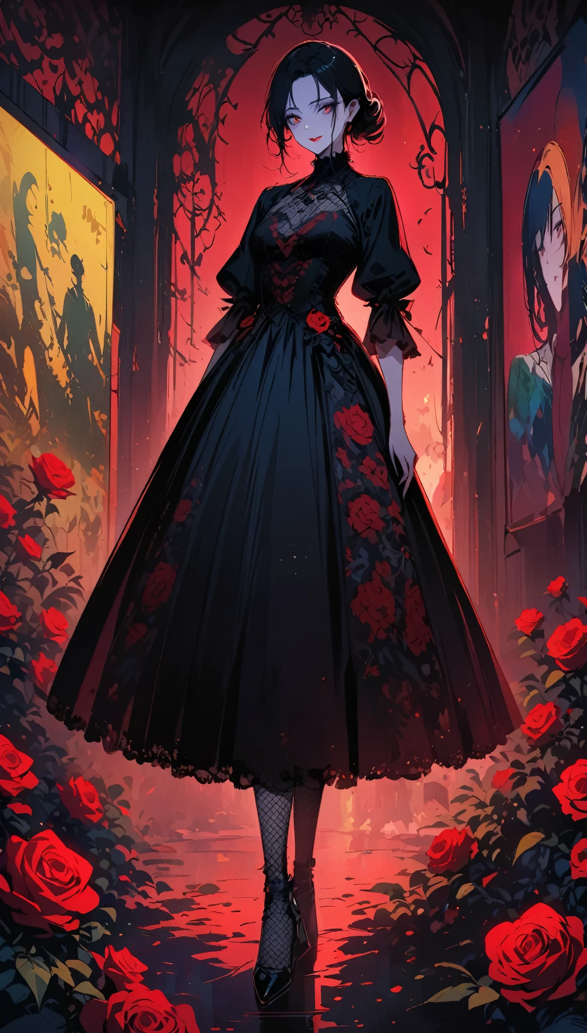 horror thriller Movie Posters, masterpiece, best quality, A female elf in a Gothic ball gown,Lace, embroidery , Pale skin, Fishnet stockings, (Bauhaus, shape, metallic line, Abstract:1.1) Gothic, Vintage horror, Movie Posters, 1940s, (masterpiece, best quality) 8k wallpaper, Very detailed,