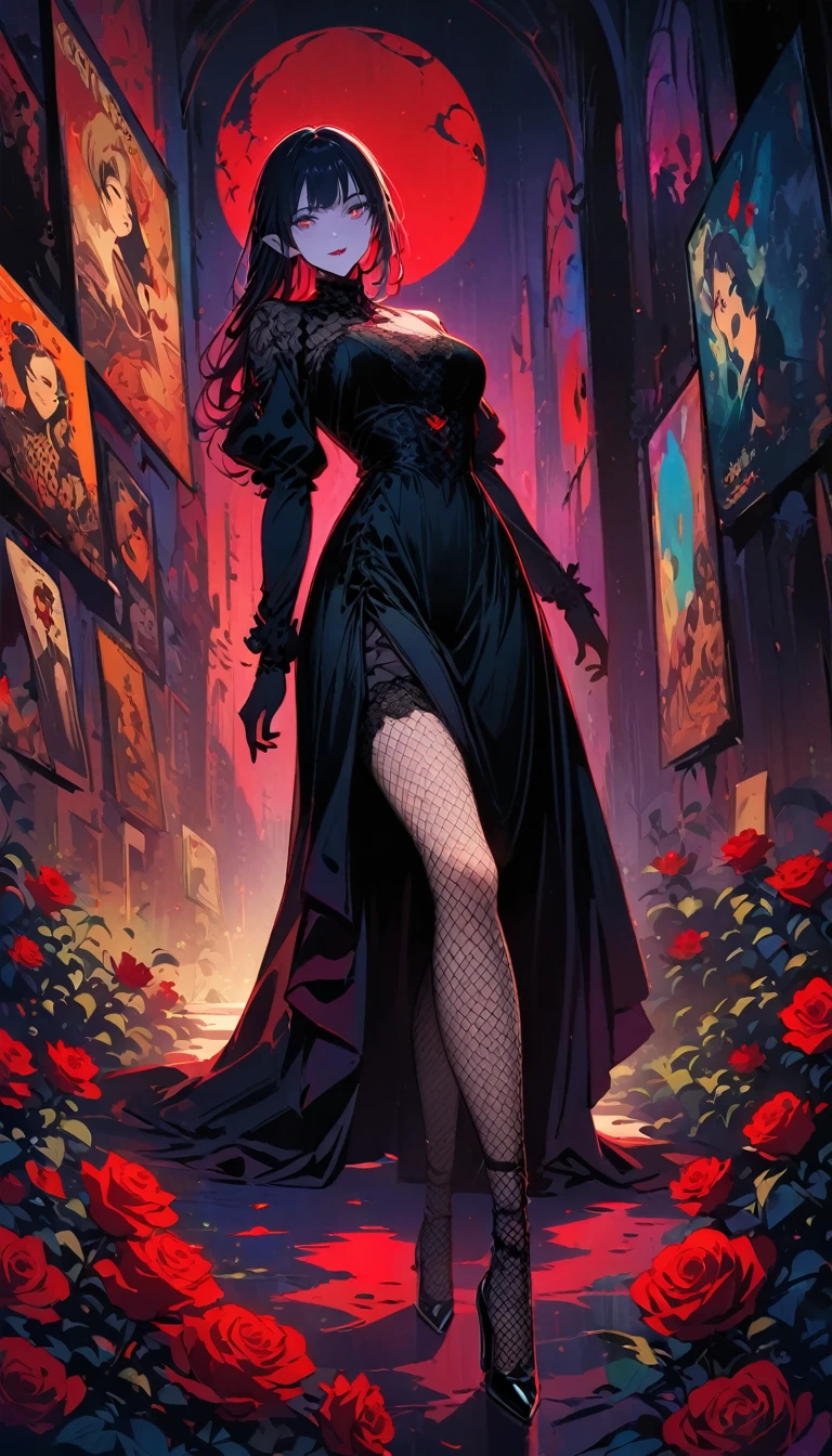 horror thriller Movie Posters, masterpiece, best quality, A female elf in a Gothic ball gown,Lace, embroidery , Pale skin, Fishnet stockings, (Bauhaus, shape, metallic line, Abstract:1.1) Gothic, Vintage horror, Movie Posters, 1940s, (masterpiece, best quality) 8k wallpaper, Very detailed,