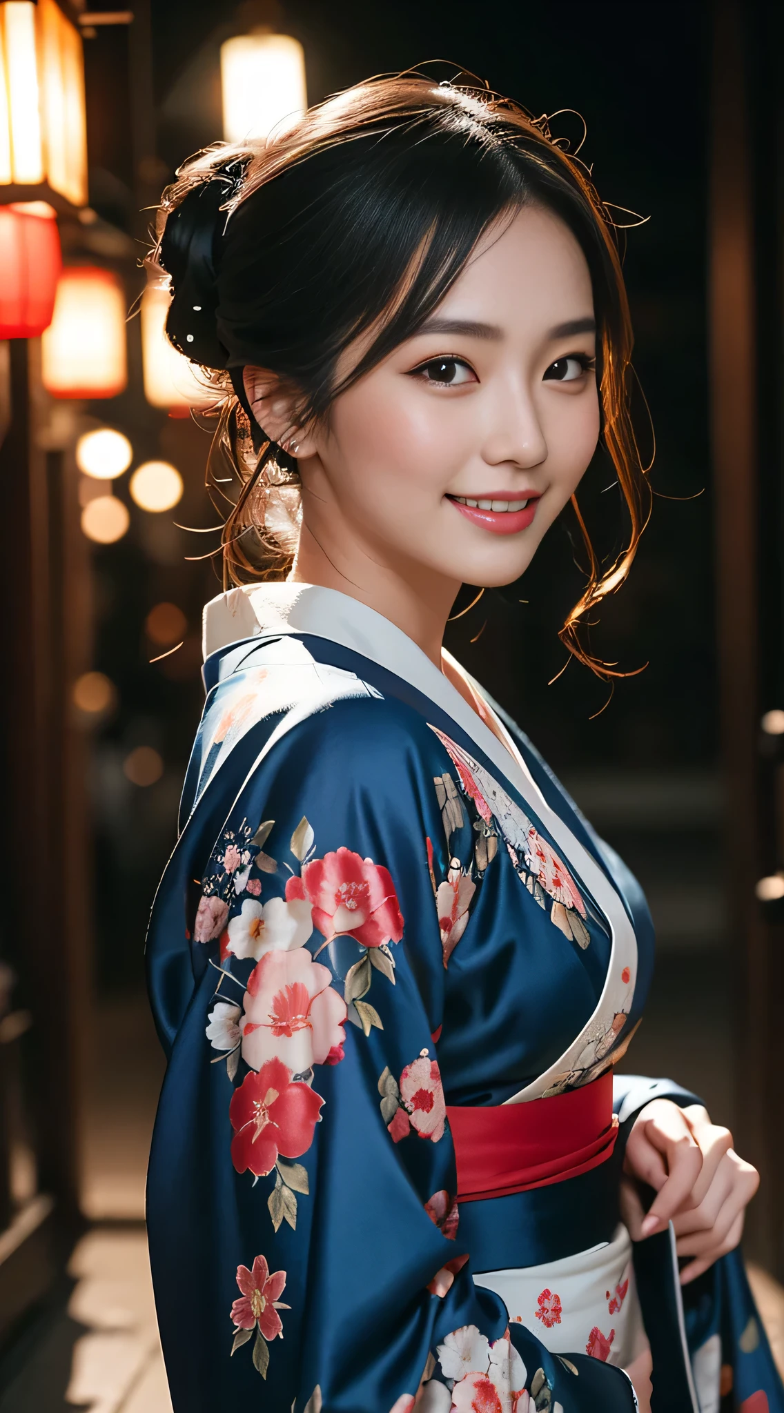 8kウルトラHD, Digital SLR,Film Grain, Fujifilm XT3,(Highest quality:1.3), (masterpiece:1.1), High resolution, Cinematic Light, Intricate details, (Realistic) (Night view) Realistic backlight、Dramatic reddish light、Beautiful Japanese Geisha full body photo, ((Facial texture Pore details)), Grin、Devilish smile, Shimada hairstyle, She wears a blue satin kimono decorated with traditional floral motifs..., , 8k, Front blur：