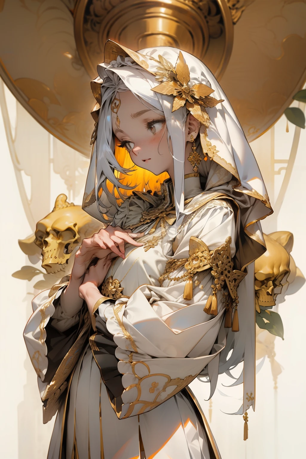 The white mask has slitted eyes.、A noble gold line flows on the neat hood.。Tall, slender and slim、Both hands are pressed reverently against the chest.。More than 30 fingers join together in prayer。Narrow waist and wide hem、Bone Skirt(crinoline)、I don't show my legs、A plate with neat decorative letters is hung on the forehead by a gold chain.。