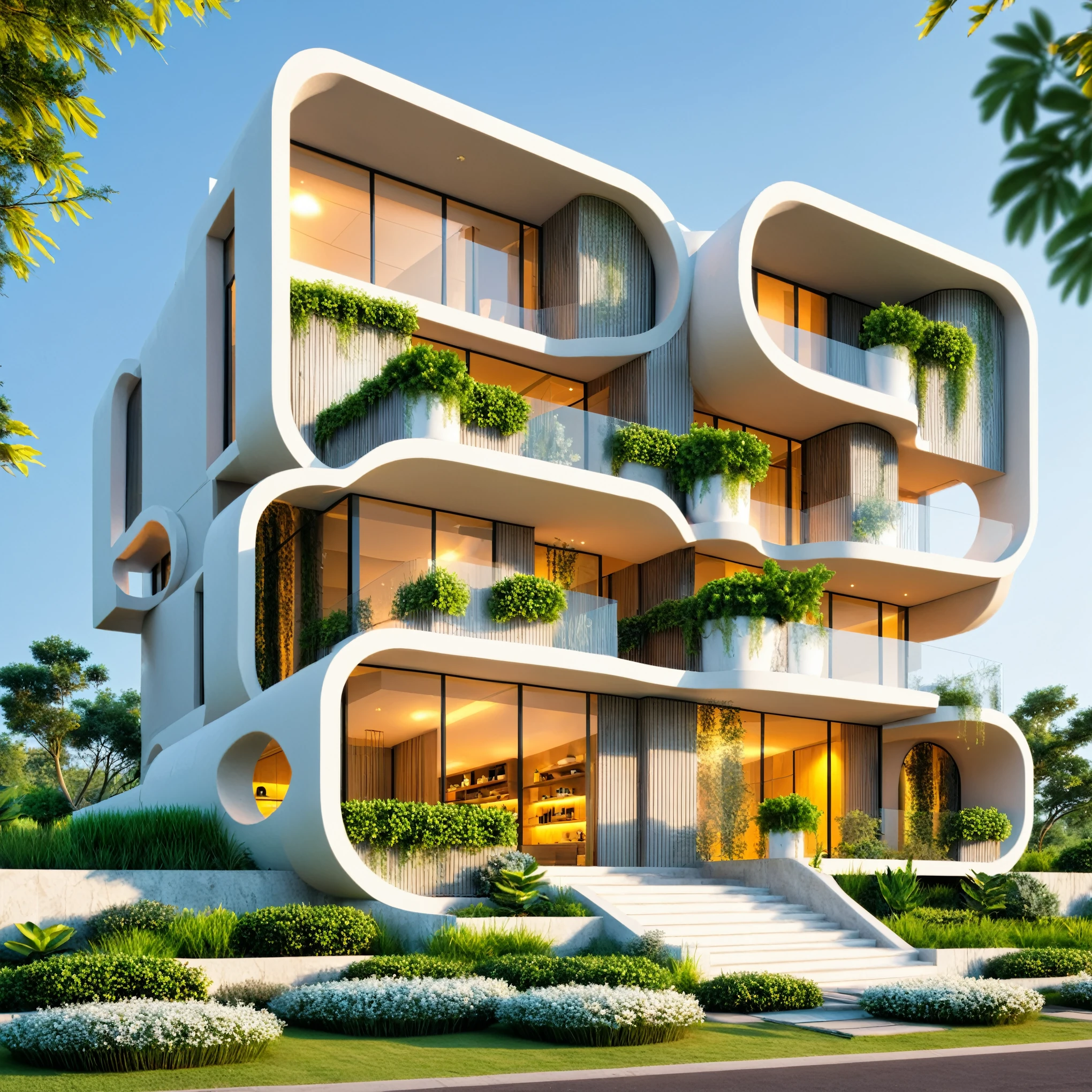 Boss of'ouvrages d'art, high quality, best quality, authentique, Great detail, En plein air, plain-piedVilla XL, groupe, style de maison moderne dans la rue ,stairs, white wall ,road,pavement, grass, trees, sky, clouds, (day light:1.1)