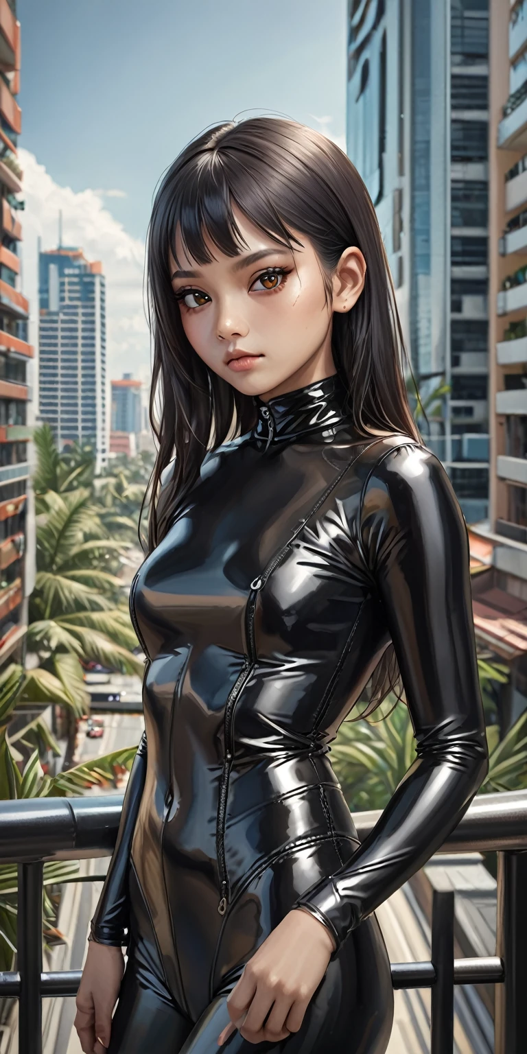 "realistic photo, young Indonesian woman aged 25 years, round face, high cheekbones, almond-shaped brown eyes, small and delicate nose, black hair , wearing a black latex bondage catsuit, modern tropical city background in the afternoon, intricate details, hyper-realistic."