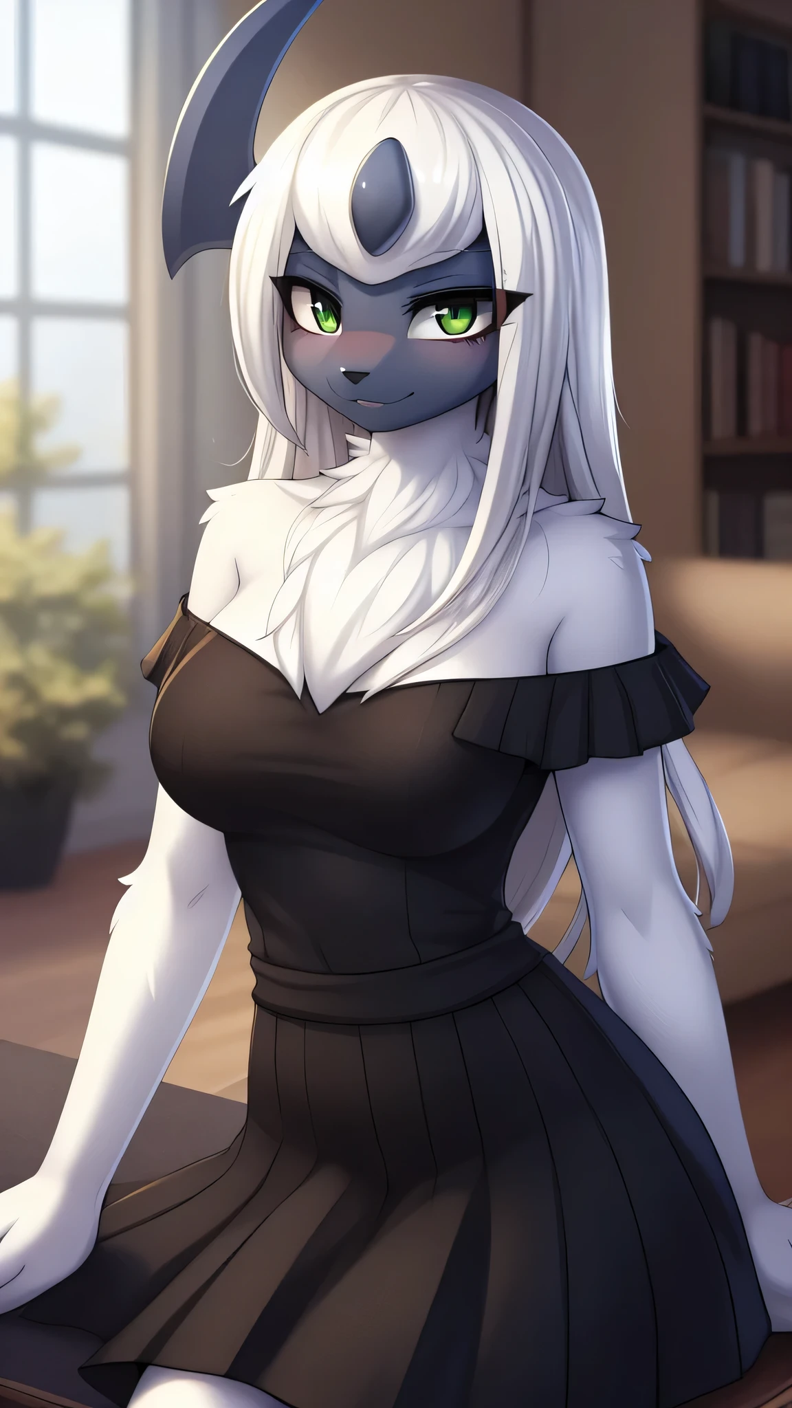 By zinfyu,by twistedscarlet60, uploaded on pixiv, by fluff-kevlar, (masterpiece), (best quality), (solo female:1.2), (extremely detailed:1.3),(detailed eye,black circle on eye,Green eye), Absol, view on viewer, close view, shy face, half body on potrait, only body and head, close view, wearing black dress,Long black skirt, long dress,medium Breast, Bare shoulder, in living room, perfect circle of breast, thight clotches, beautiful white long hair, beautiful hair