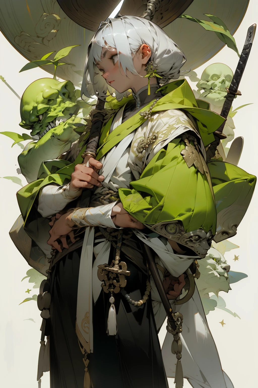 A grey-white mask with a thin jaw、Short and stooping、Grass green hood with iron ring and star pattern、An ochre vest with silver stripes hanging from both shoulders、A drawstring bag tied with prayer beads、Eastern、pagan、A disciplined atmosphere、A cane taller than you、raise、A tough wheel with a sword point on a stick.、A person of this appearance、Please draw a。