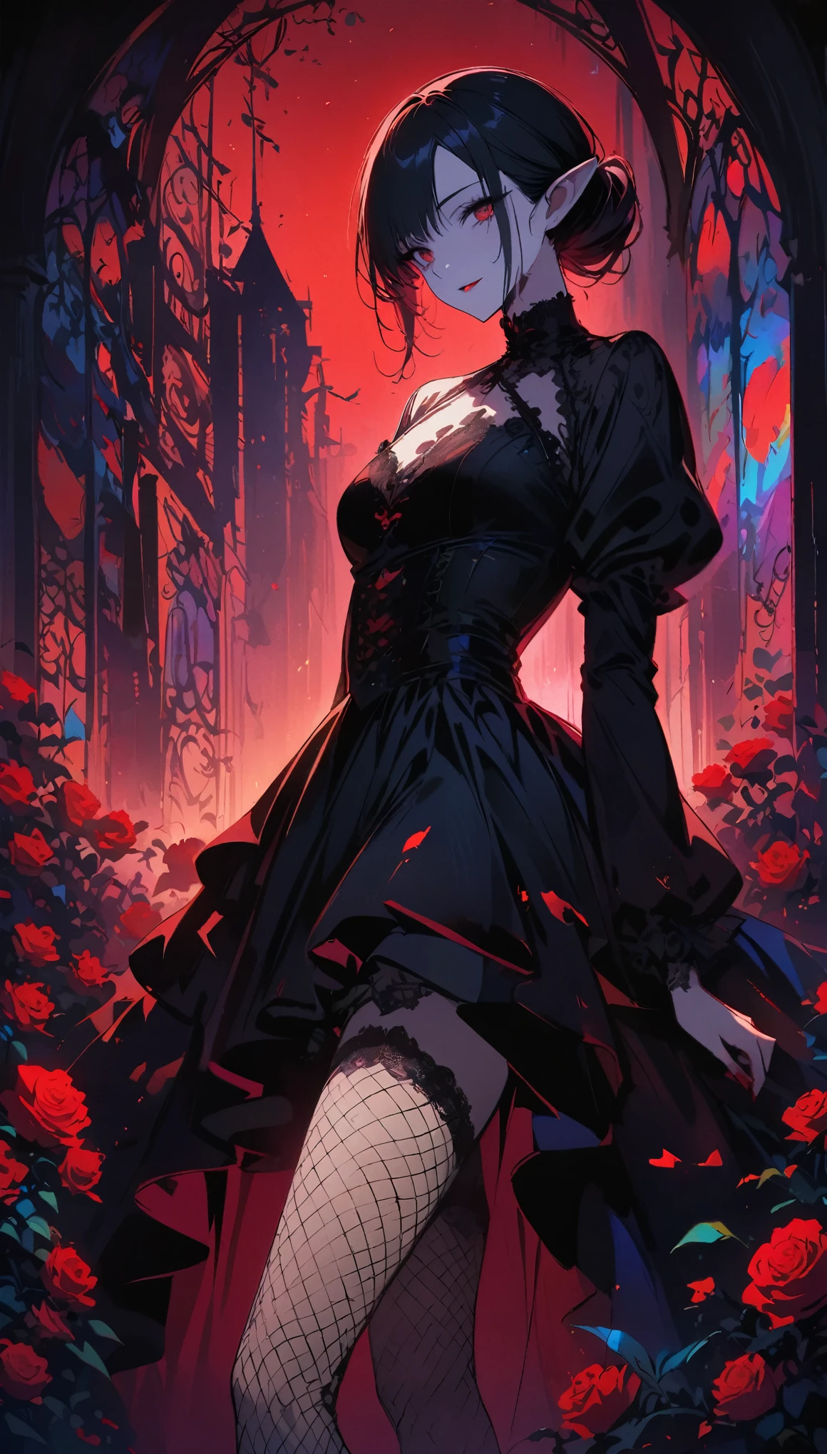 horror thriller Movie Posters, masterpiece, best quality, A female elf in a Gothic ball gown,Lace, embroidery , Pale skin, Fishnet stockings, (Bauhaus, shape, metallic line, Abstract:1.1) Gothic, Vintage horror, Movie Posters, 1940s, (masterpiece, best quality) 8k wallpaper, Very detailed,