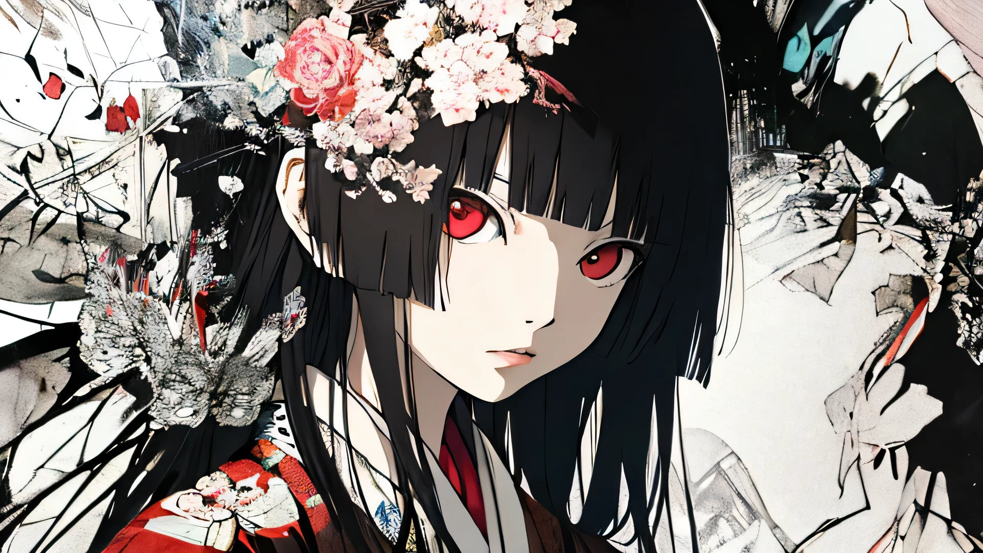 Red Higanbana, Enma Ai, Let your hair down, Hair is black, bangs, Red eyes, masterpiece, Highest quality, Very detailed, shape, One Girl, alone, High resolution, Realistic, 超High resolution, (Original shape composition), (Limited Color Fusion,Maximalism art style, Kimono Fashion, Double exposure, Background Black