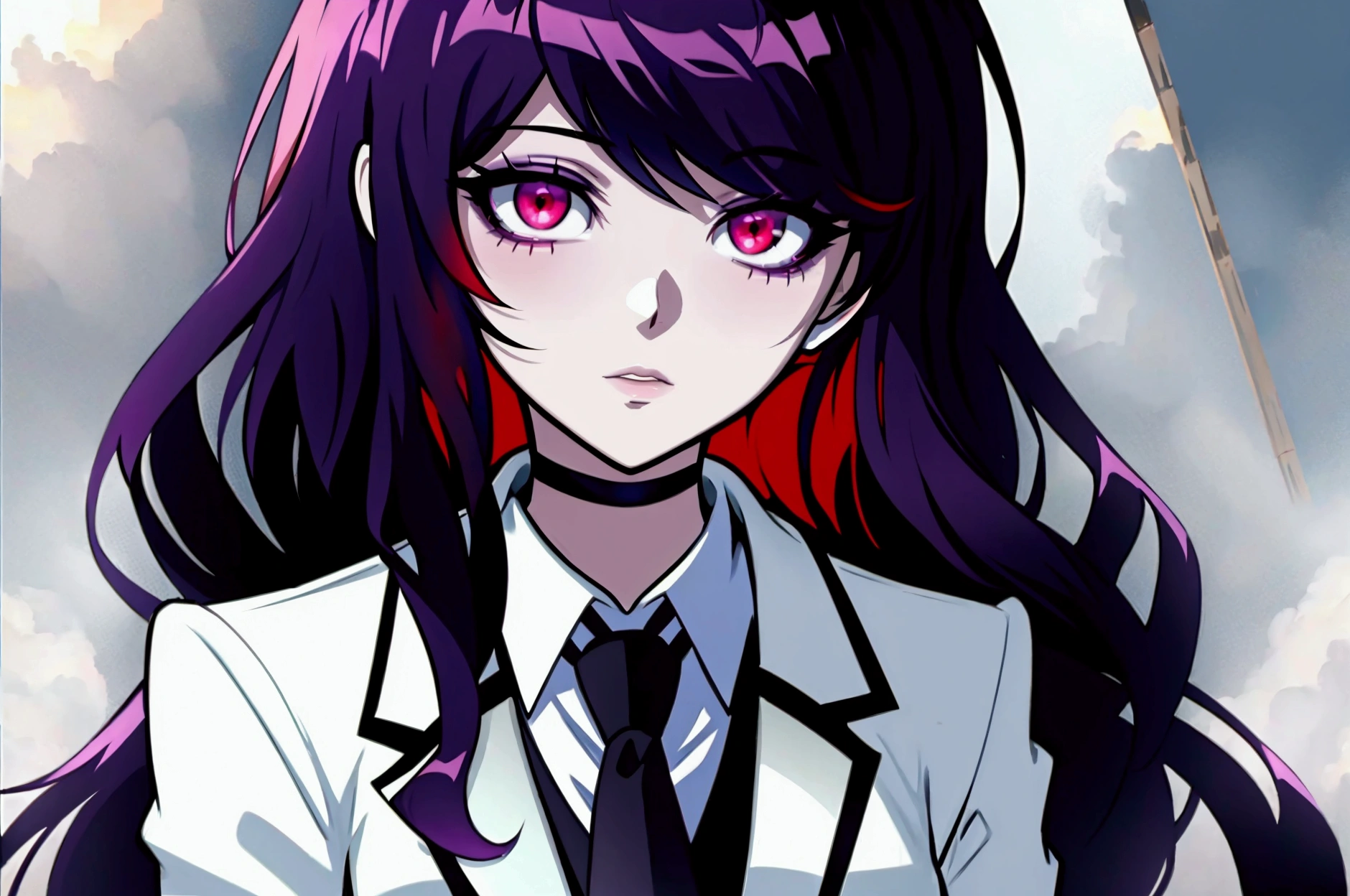 a close-up of a person in a suit and tie against the background of the sky, akane owari danganronpa, with bright red eyes, anime look of a beautiful girl, anime”, dark yandere gapmoe, with bright red eyes, by Jin Homura, anime portrait of shiina ringo, portrait dark yandere gapmoe, anime style