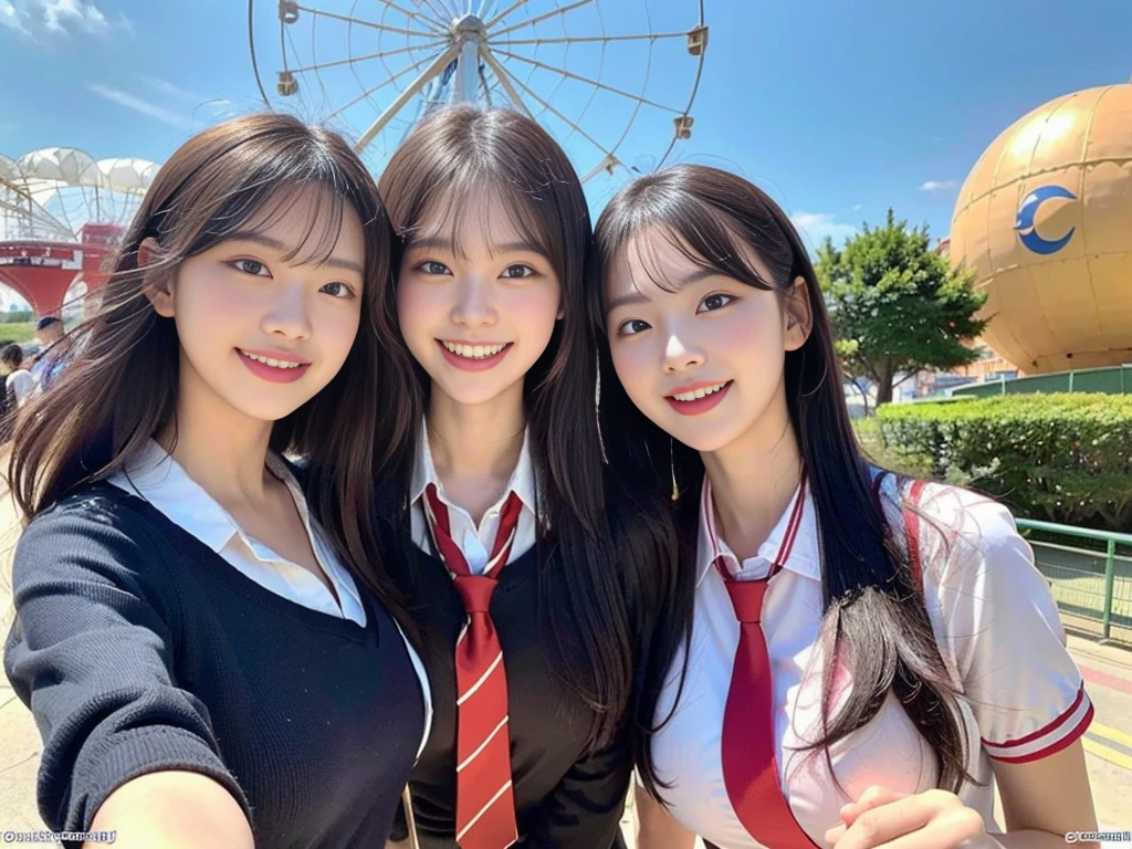 (Super cute Korean schoolgirl takes a commemorative photo with her beautiful best friend:1.2)(laughing:1.2)(Beautiful Sweat:1.1)(16K, RAW Photos, Highest quality, masterpiece: 1.2),(Her shiny, beautiful black bob hair sways softly in the wind.:1.1) Super detailed, Super Resolution, (Genuine, Genuine photos: 1.37), Portraiture, High-resolution RAW color photos, Professional photos, Very detailed, 8k wallpaper, Very detailed CG Unity 8k wallpaper, Very detailed beautiful girls, Very detailed faces, ((whole body)), beautiful woman, Huge breasts,(huge boobs:1.1) (Big Boobs:1.1), beautiful  (Cute school uniforms,School-designated summer short-sleeved shirt＆Red tie and shirt uniform),high school girl, Korean Girls,(K-POP Female Idols), (Idol-class beauty)(Beautiful high school girl:1.1)(In front of the giant attraction at an amusement park on a sunny day)((15 years old)(Date:1.2)(Group photo:1.2)Headband(NSFW:1.1)