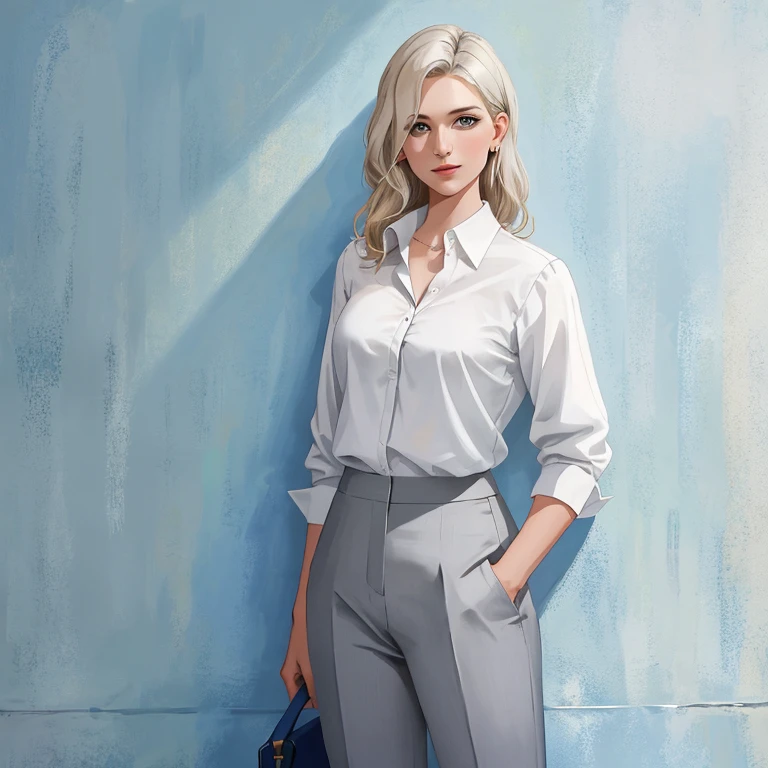 arafed woman in a white unbuttoned shirt and grey pants standing in front of a blue wall, kirsi salonen, magdalena andersson, wearing a blouse, magdalena radziej, wearing a white blouse, moleksandra shchaslyva, niele toroni, photo of džesika devic, serena malyon