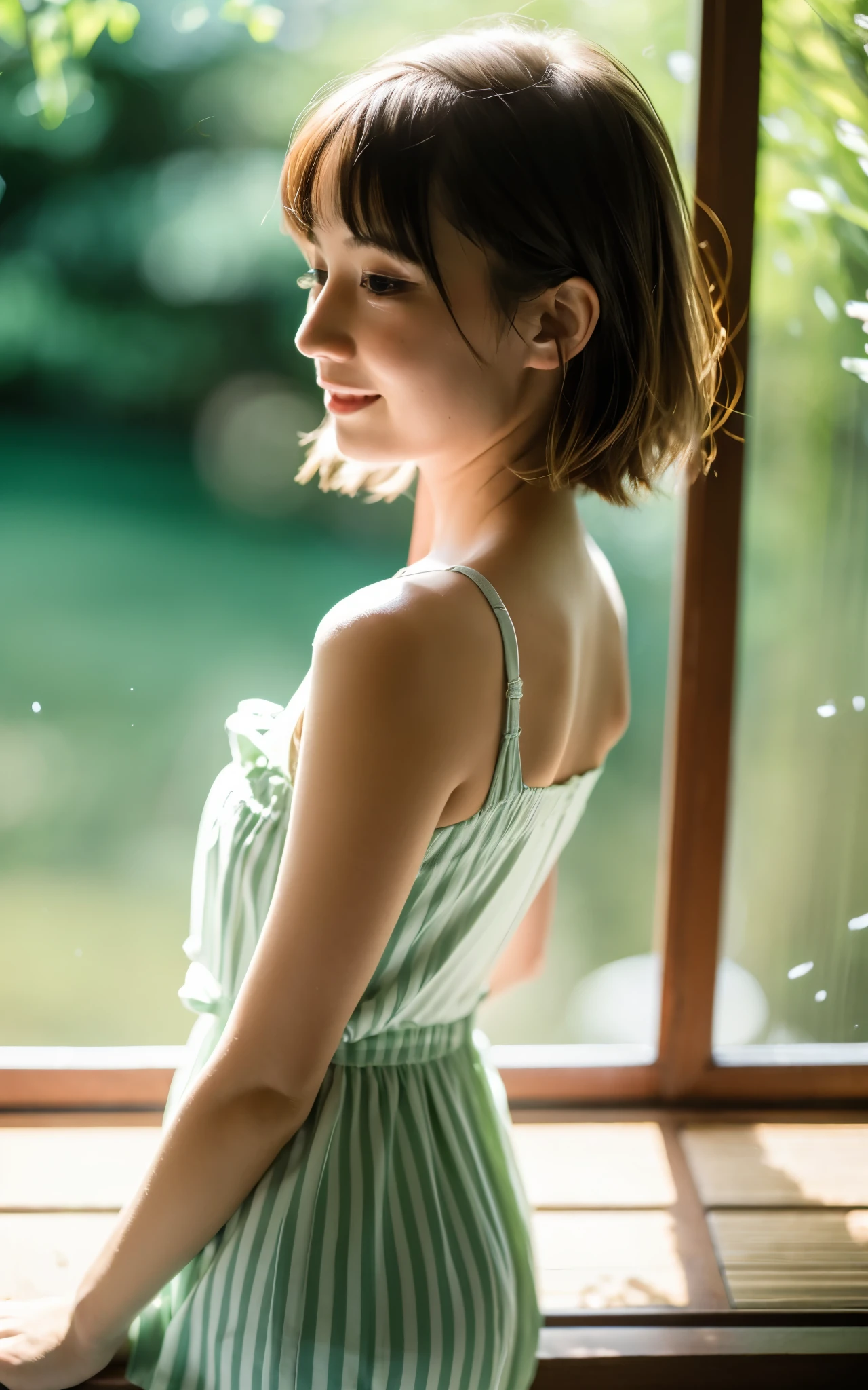 tmasterpiece, Best quality at best, 8K, 1 girl, Cute girl in Japan, in summer, ln the forest, rivulets, Out of focus, Number 18, Large breasts,Half open eyes, Cute  Turtle, Alone, Mouth closed, ssmile, summer outfit, girlish, Delicate girl, Clean beauty, RAW photogr, professional photoshooting, sportrait, softlighting, profesional lighting, The light from the back window is backlighted, The upper part of the body, Different opinions, Complex, filmgrain, (Eye and facial details:1.0), Short hair swaying in the wind, Beautiful flowing brown hair,