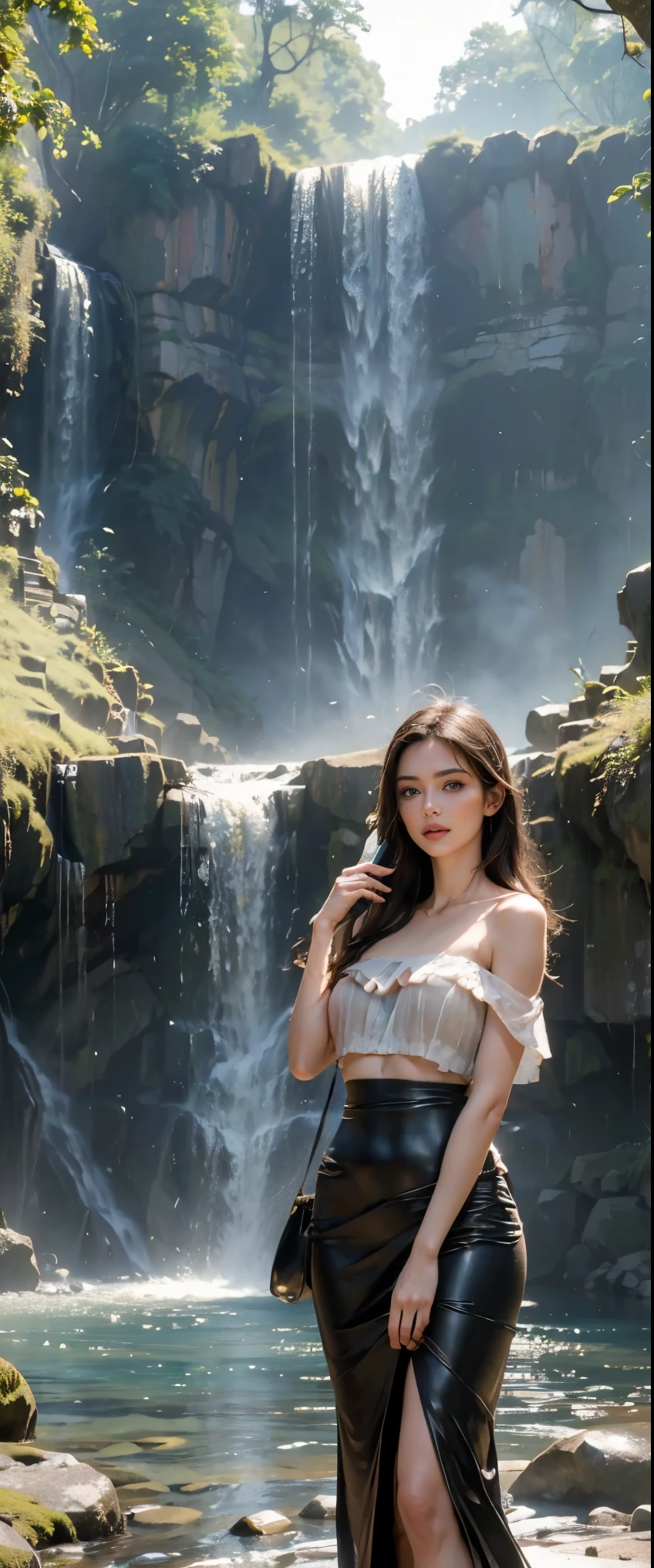 ((masterpiece, Highest quality, Best image quality, High resolution, Realistic, RAWphotograph, 8k)), young woman photograph of a waterfall with her cell phone, Next to the waterfall, cell phone photograph, with waterfalls, standing in front of a waterfall, with waterfalls, Mobile phone footage, standing near a waterfall, Overall shot of the landscape, Waterfall in the background, with waterfalls and river, cell phone photograph graphy, Waterfall in the background, photograph, iconic scene, 