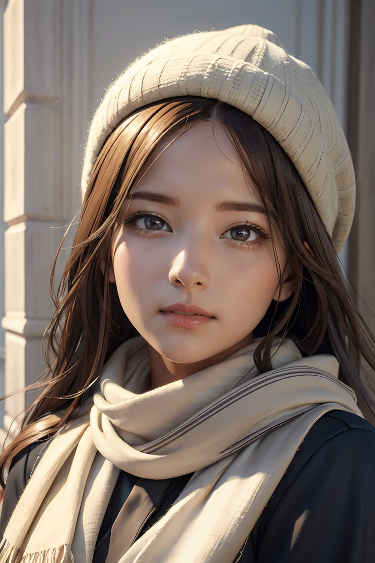 arafed woman with long hair wearing a hat and scarf, realistic digital art 4 k, realistic digital art 4k, soft portrait shot 8 k, photorealistic artstyle, photorealistic beautiful face, cinematic realistic portrait, beautiful digital artwork, realistic beautiful face, realistic artstyle, 3 d render character art 8 k, beautiful realistic face, amazing photorealistic graphics