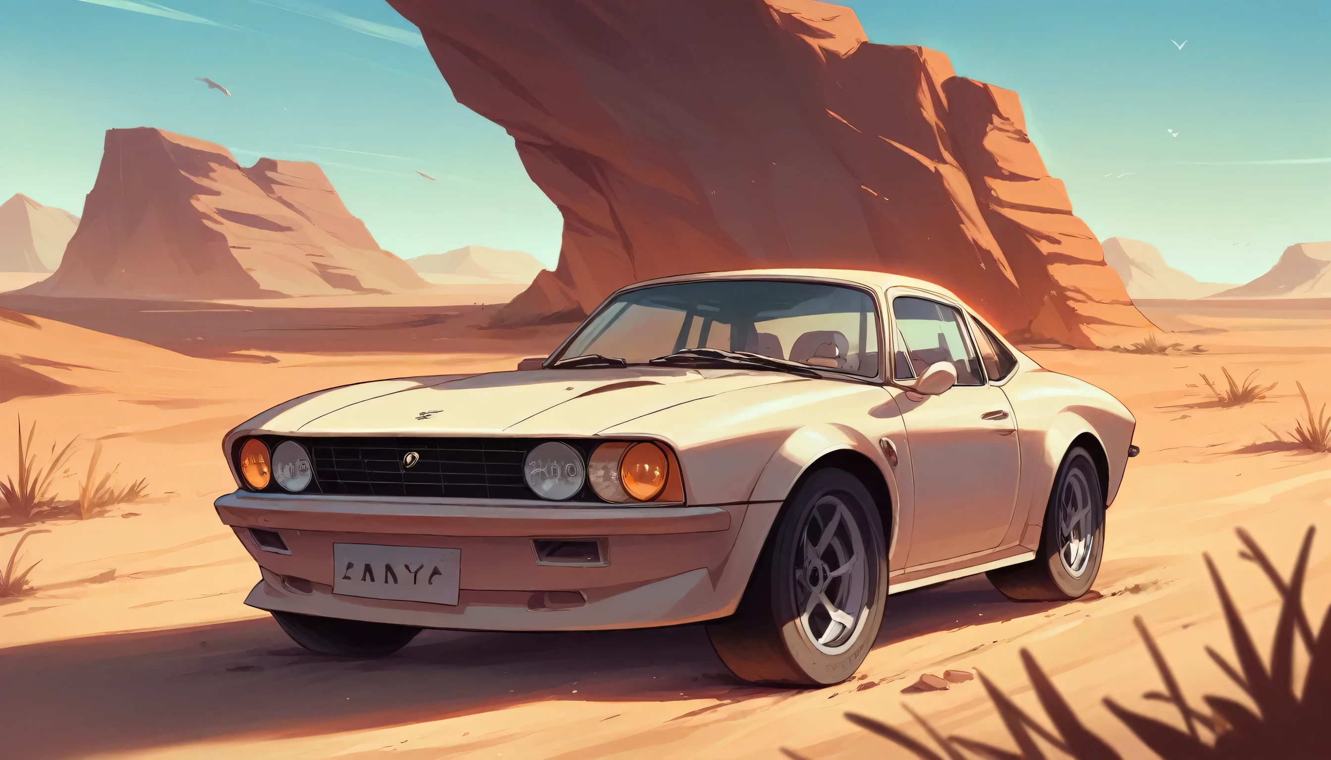 Porsche 911 in the desert, sunny day, It's noon, Sunlight。hot day。Stereotype。80's。