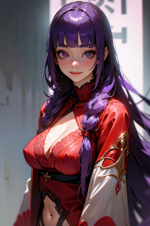 1 girl, Blunt bangs, Braiding, Wide sleeves, hair ornaments,Obi says, (Purple Hair:1.2), Very long hair, Straight hair, Looking at the audience, Highly detailed background, (Realistic:1.2), Beautiful Eyes, Red eyeshadow, thigh, (Urzan-6500:0.7), Upper Body, (alone:1.2), (Cyberpunk City:1.1), Cleavage,,Glowing Skin、(Navel exposed).((Face close-up))、((smile))、(Red lace outfit).