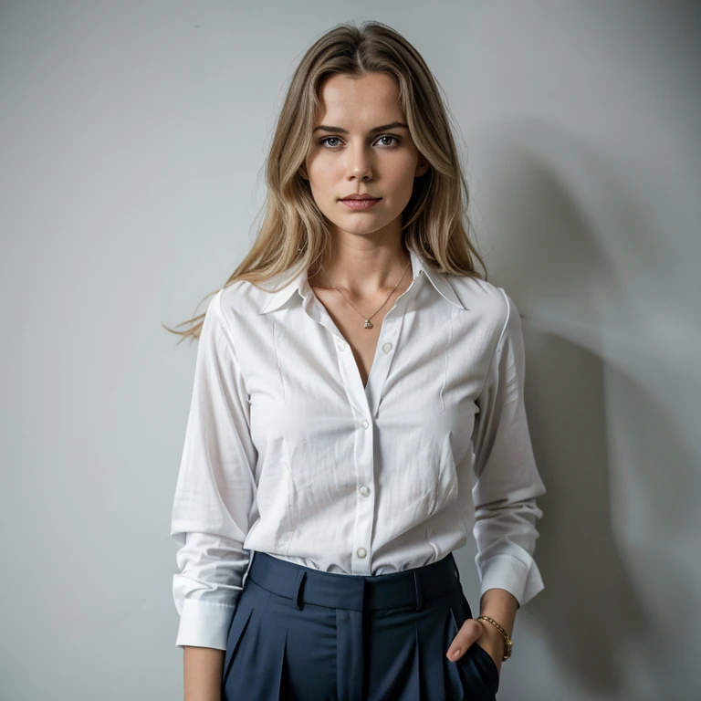 arafed woman in a white unbuttoned shirt and grey pants standing in front of a blue wall, kirsi salonen, magdalena andersson, wearing a blouse, magdalena radziej, wearing a white blouse, moleksandra shchaslyva, niele toroni, photo of džesika devic, serena malyon