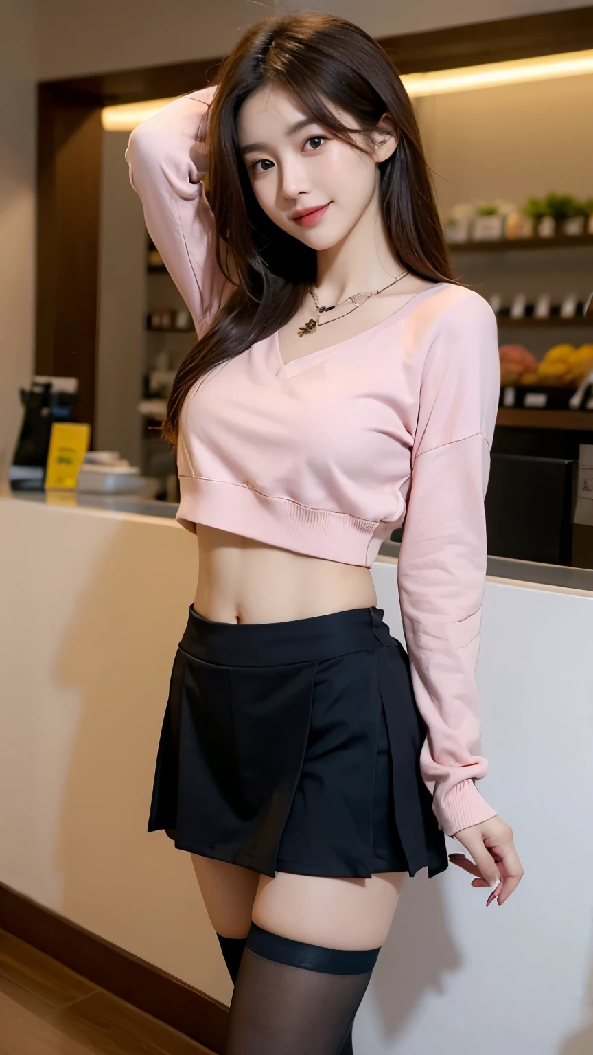 Best quality， Ultra-high resolution， （Realistically：1.4），Cute hairpin，Baoyu girl，1 Girl, Beautiful slim woman:1.4, Abdominal muscles:1.1, (Brown hair, Medium breasts:1.3), Cropped pink sweatshirt:1.1, flower shop,Ultra-thin face，Exquisite eyes，Double eyelids，Smile，Necklace，whole body，Thin legs，Long legs，Standing，Dance moves，Slender legs，I can see your thighs，Short skirt，Collar，Black translucent over-the-knee socks