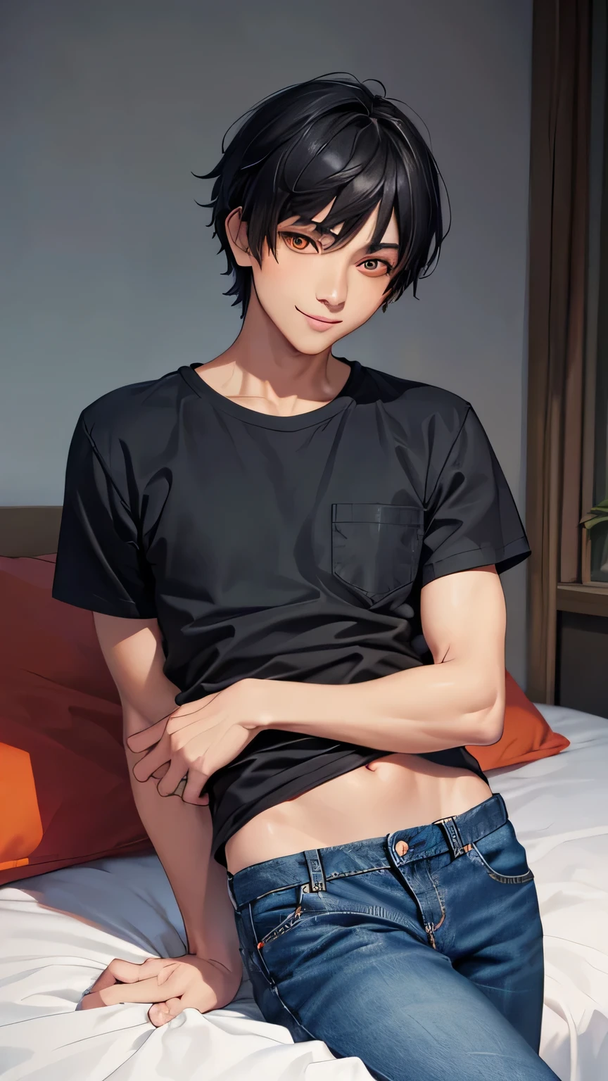 highest quality、Realistic、man、zoom、Orange Eyes、Short black hair、Plain white T-shirt、Rolling up his sleeves、denim、slender、Dark Skin、smile、Bedroom、Bust Shot、