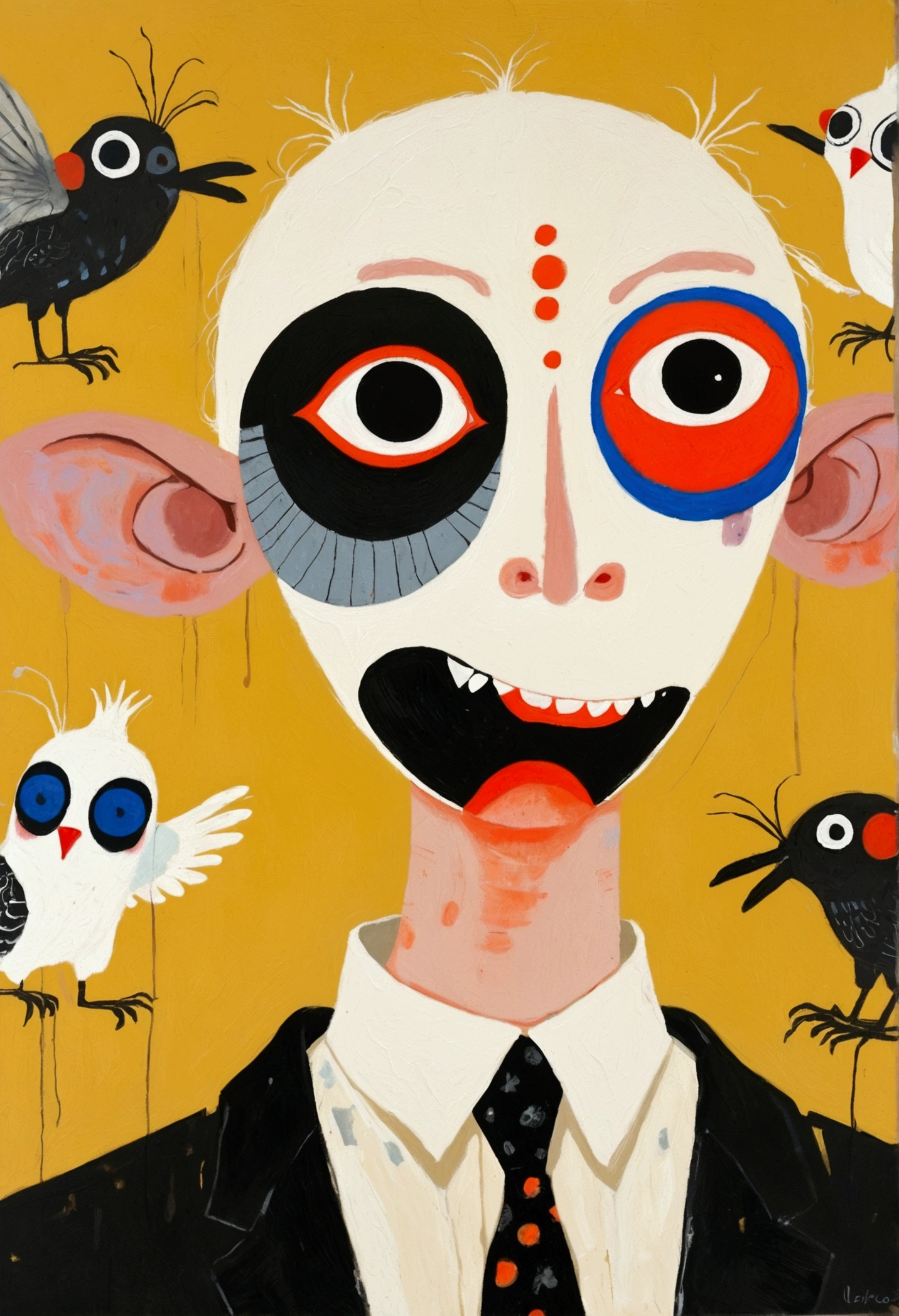 The painting shows a white creature with black eyes and a black body, The third eye on the forehead，Taro Okamoto&#39;s Surrealism, tumblr, Childish Art, Keith Thomson, benjamin vnuk, gary baseman, Outsider Art, Outsider Art style, 2021, 2 0 2 1, Baselitz, Gouache on paper, Jane Newland, Jin Yu, max prentis