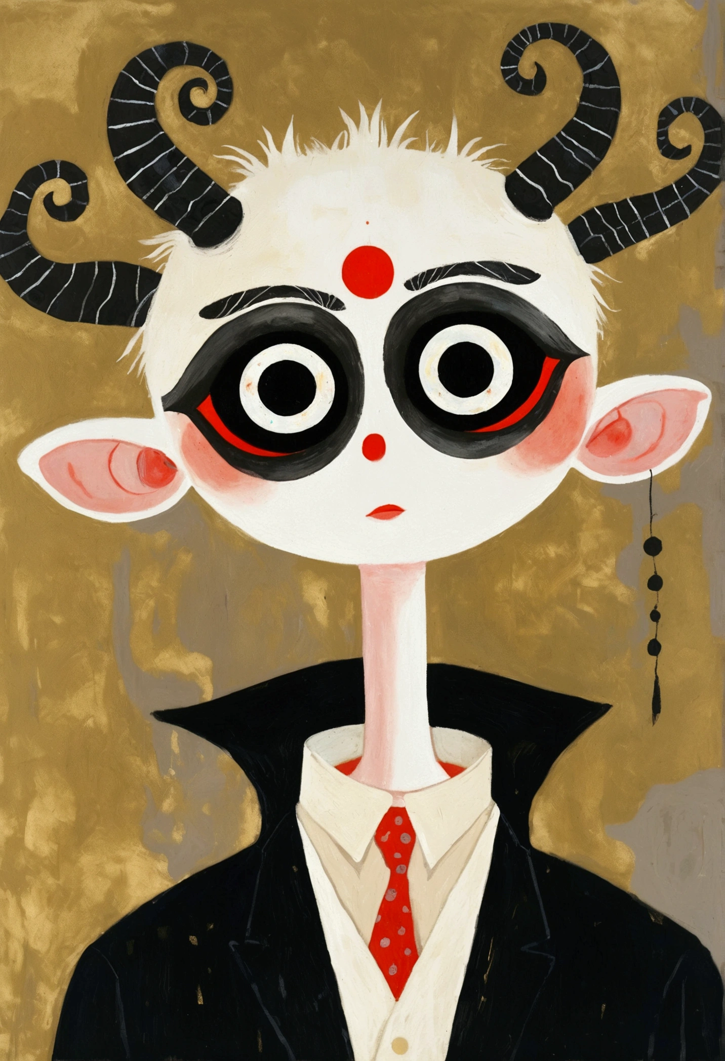 The painting shows a white creature with black eyes and a black body, The third eye on the forehead,Taro Okamoto's Surrealism, tumblr, Childish Art, Keith Thomson, benjamin vnuk, gary baseman, Outsider Art, Outsider Art style, 2021, 2 0 2 1, Baselitz, Gouache on paper, Jane Newland, Jin Yu, max prentis