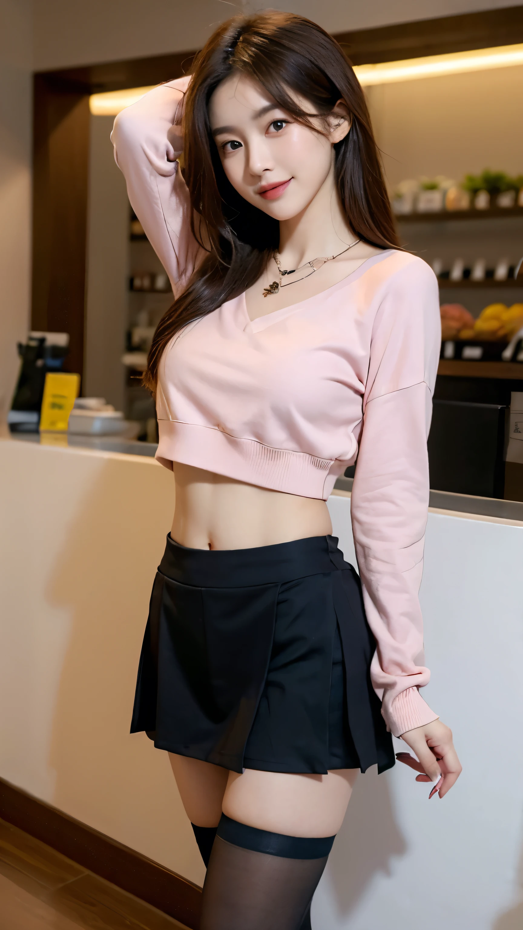 Best quality, Ultra-high resolution, (Realistically:1.4),Cute hairpin,Baoyu girl,1 Girl, Beautiful slim woman:1.4, Abdominal muscles:1.1, (Brown hair, Medium breasts:1.3), Cropped pink sweatshirt:1.1, flower shop,Ultra-thin face,Exquisite eyes,Double eyelids,Smile,Necklace,whole body,Thin legs,Long legs,Standing,Dance moves,Slender legs,I can see your thighs,Short skirt,Collar,Black translucent over-the-knee socks