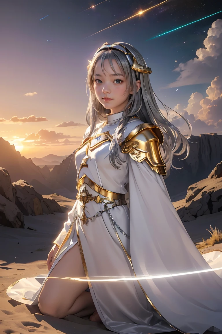 ((masterpiece, best quality, extremely detailed), volumetric lighting, ambient occlusion, colorful, glowing), 1girl, solo, young girl, (dark hair), long hair, halo, aura, sacred, goddess, cleric suit, (silver outfit with gold detailst:1.3), armor, outdoors, sunset, sky, clouds, space, (fantasy theme:1.2),