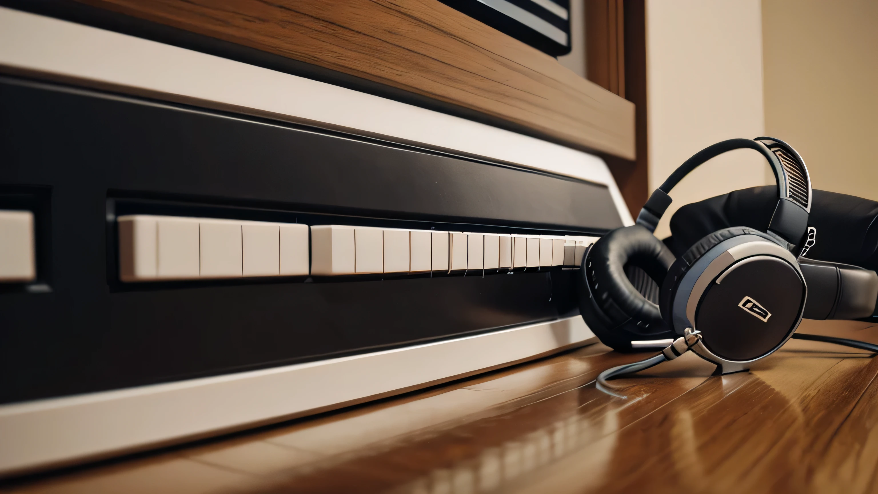 a picture of a midi keyboard, acoustic guitar and a headset
