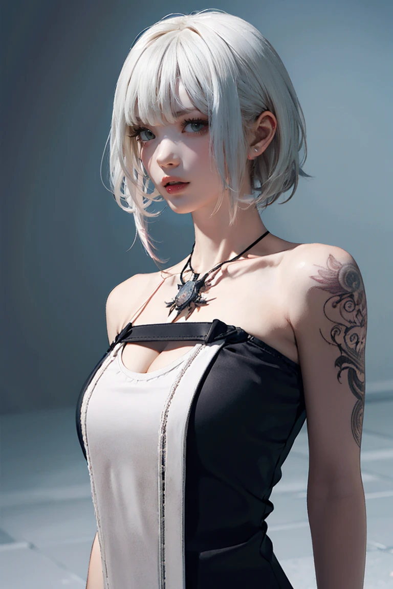 ((Close-up of a woman with tattoos on her chest)), girl, ((Short white hair with bangs, Black strands of hair)), Purple eyes, White T-shirt and white cape, Pendant around the neck. 超High resolution.Photorealistic. 超High resolution.Photorealistic:1.4,超High resolution. Realistic，High resolutionで, masterpiece, Highest quality, Very detailed, Better Shadows, Volumetric lighting), super high quality, High resolution, 8k, 超Realisticな肖像画 , Photorealistic, Dynamic Lighting, Volumetric lighting, Very detailed顔,(NSFW:0.8),Large Breasts