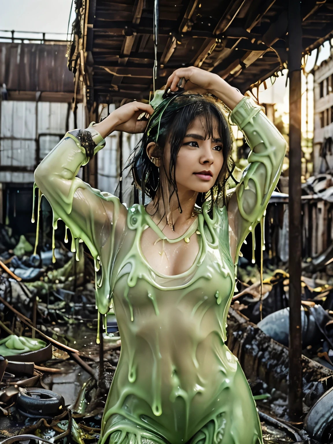 SFW no nudity, In a post-apocalyptic world where everything is melting into a gooey, slimy substance, a woman stands in the foreground. Her bright yellowish green clothes, plastic green top, plastic green leggings in a slimy, gelatinous form. The landscape behind her is a blend of half-melted buildings and distorted remnants of civilization, all dripping with the same viscous slime. The sky is an ominous mix of dark clouds and a sickly green hue, reflecting the pervasive slime below. The woman's expression is one of determination and resilience, contrasting sharply with the surreal