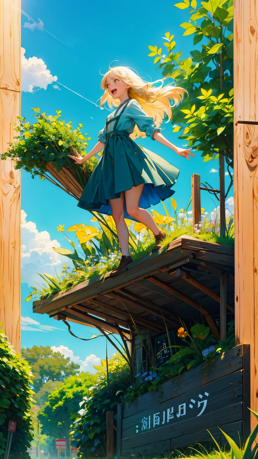 cute girl with open mouth, In front there's a giant wood board displaying ' Announcement of Announcement, background is green plants and blue sky.