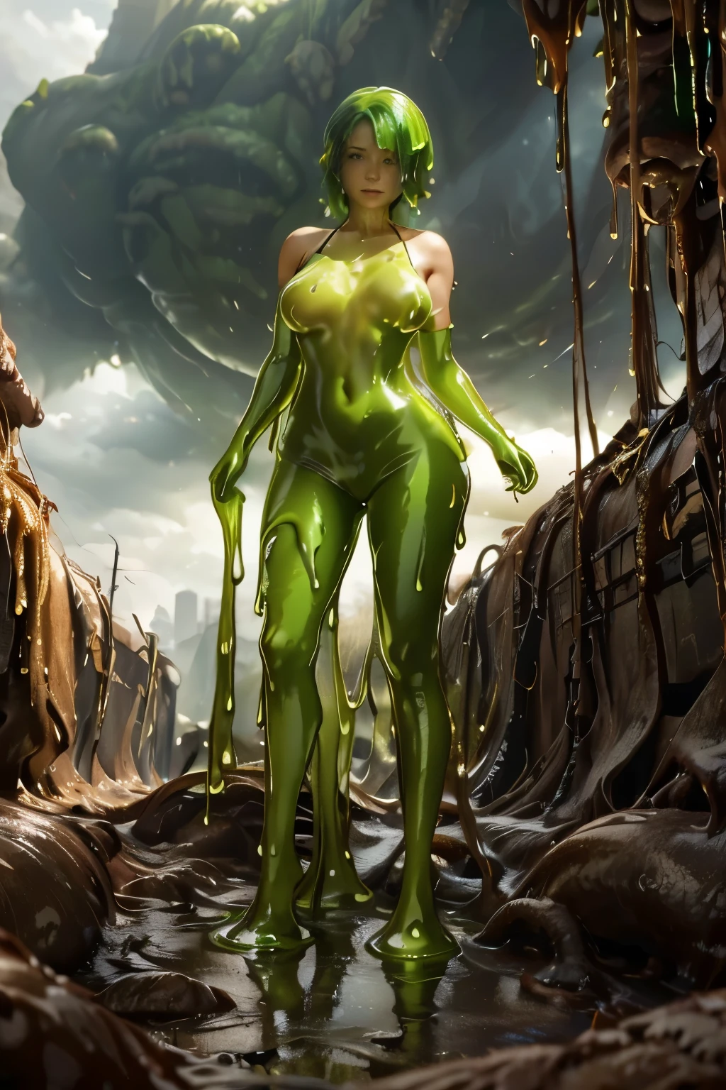 SFW no nudity, In a post-apocalyptic world where everything is melting into a gooey, slimy substance, a woman stands in the foreground. Her bright yellowish green clothes, plastic green top, plastic green leggings in a slimy, gelatinous form. The landscape behind her is a blend of half-melted buildings and distorted remnants of civilization, all dripping with the same viscous slime. The sky is an ominous mix of dark clouds and a sickly green hue, reflecting the pervasive slime below. The woman's expression is one of determination and resilience, contrasting sharply with the surreal