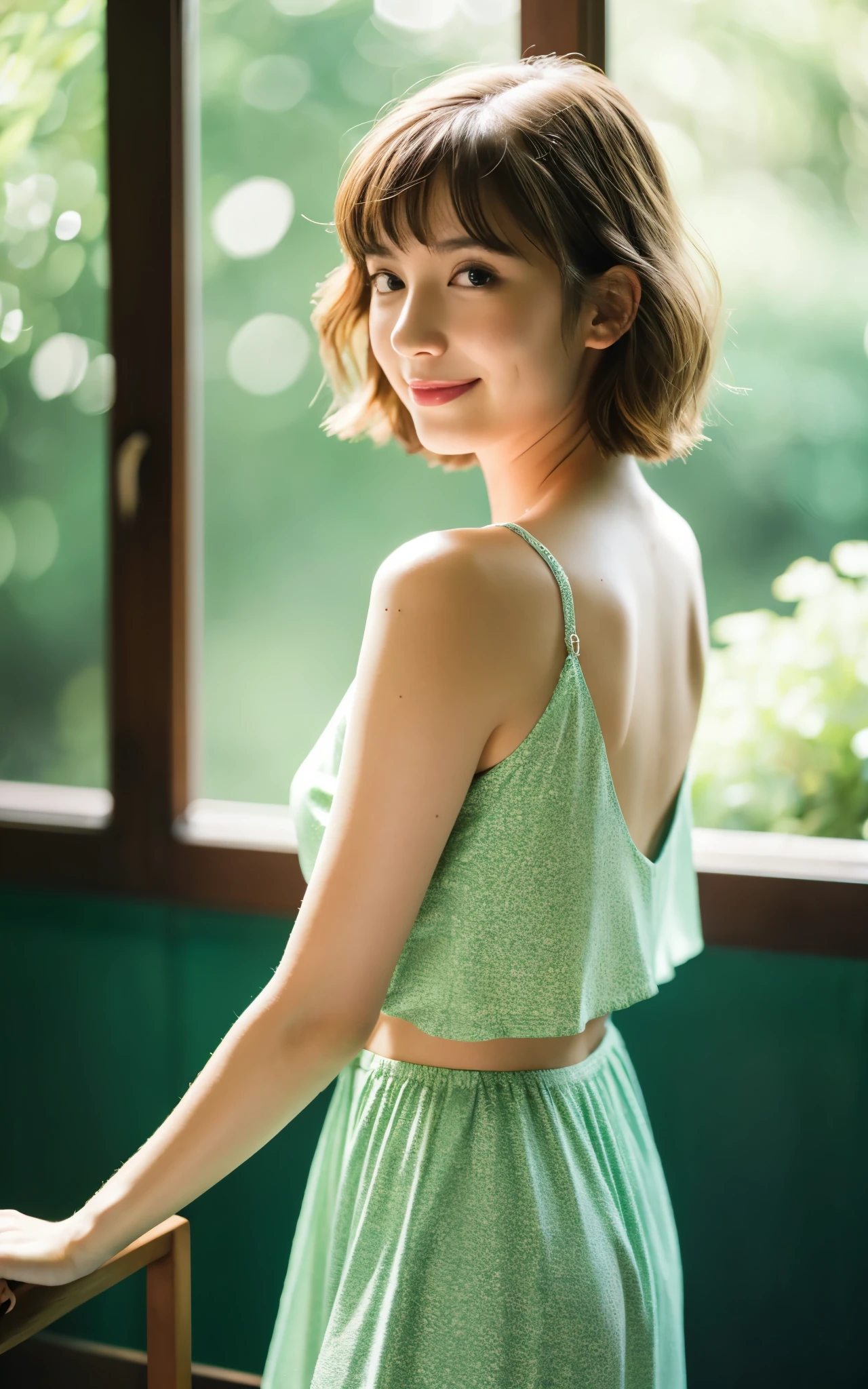 tmasterpiece, Best quality at best, 8K, 1 girl, Cute girl in Japan, in summer, ln the forest, rivulets, Out of focus, Number 18, Large breasts,Half open eyes, Cute Baby Turtle, Alone, Mouth closed, ssmile, summer outfit, girlish, Delicate girl, Clean beauty, RAW photogr, professional photoshooting, sportrait, softlighting, profesional lighting, The light from the back window is backlighted, The upper part of the body, Different opinions, Complex, filmgrain, (Eye and facial details:1.0), Short hair swaying in the wind, Beautiful flowing brown hair,