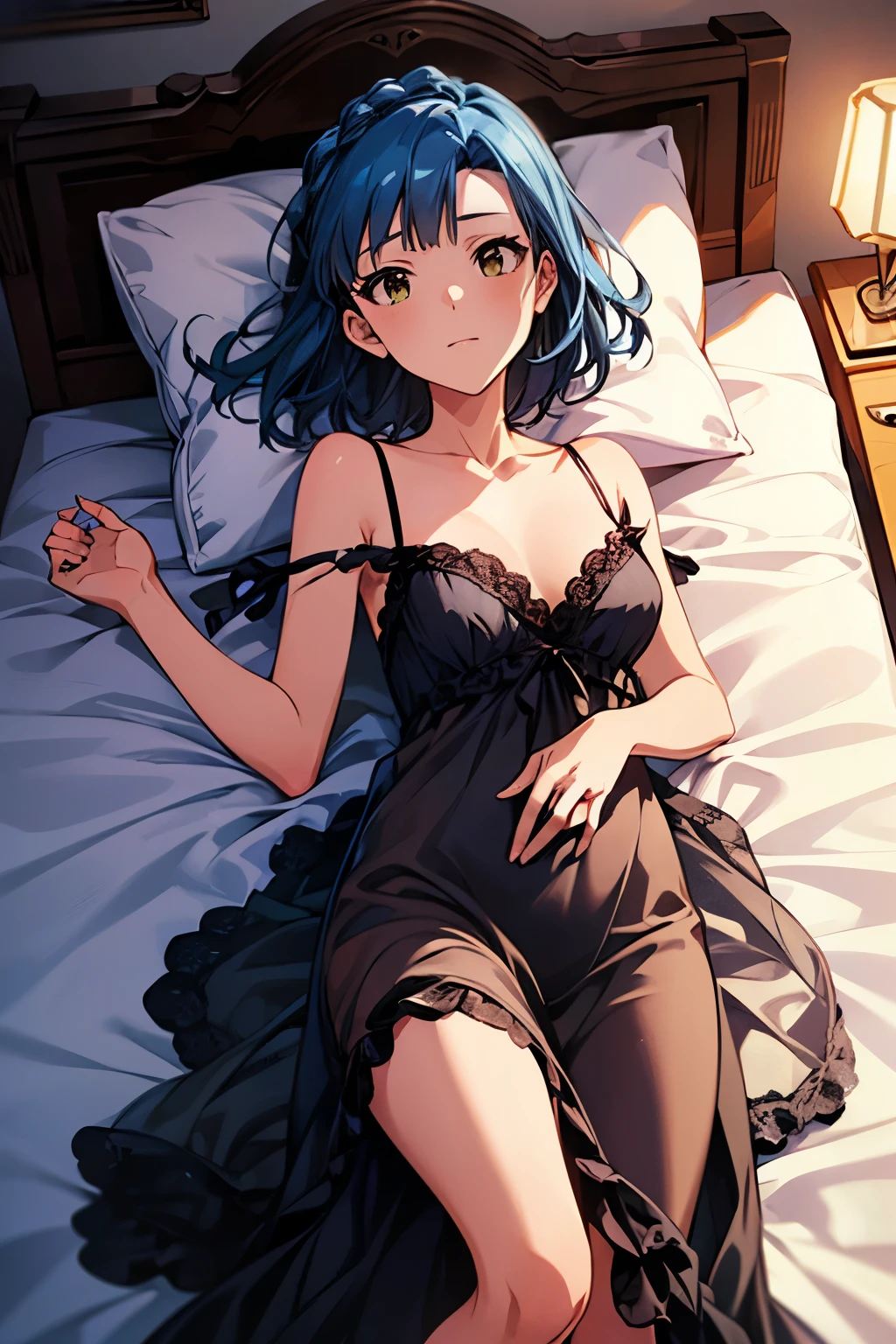 yuriko nanao (million live), 1 girl, Solo, Best Quality, masterpiece, 8K, High resolution, Ultra-detailed, madeon, portrait, face focus, lying on the bed, on back, (((black negligee))), in hotel,