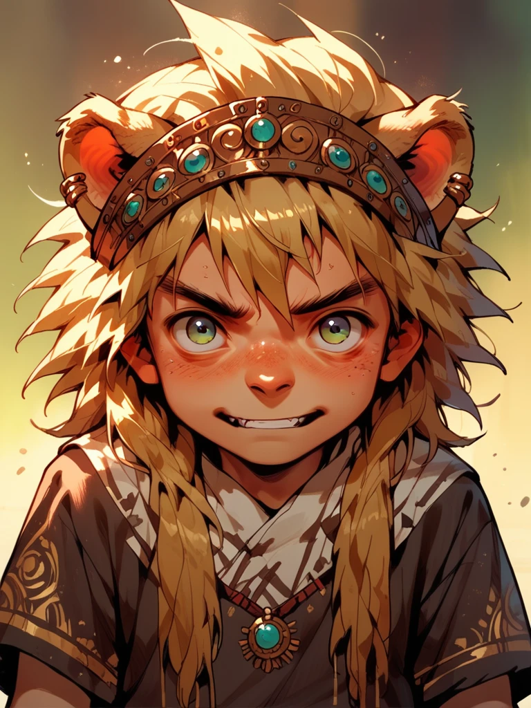 score_9, score_8_up, score_7_up, score_6_up, 1boy, kid, wearing lion headdress, g4n1m3,