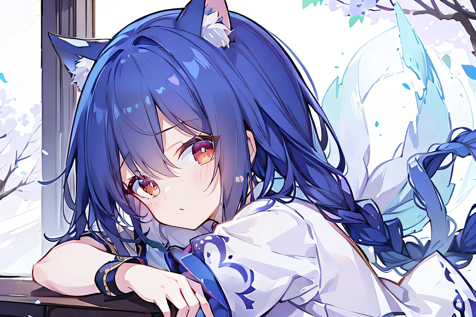 (Masterpiece:1.2),Ultra-detailed,lifelike,The eyes are expressive,Fair skin,Perfect face shape,1 girl,Japanese Manga,Gorgeous blue hair,Flowing blue hair,Flowing clothes,Cat ears,Petals falling,Smile,Tokyo background,background,heavy snow,winter.Highest quality,perfect face,sitting on window sill drinking coffee and looking out the window.
