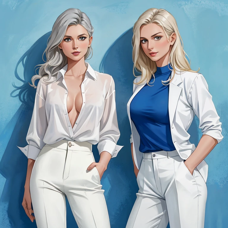 arafed topless woman in a white shirt and grey unbuttoned pants standing in front of a blue wall, kirsi salonen, magdalena andersson, wearing a blouse, magdalena radziej, wearing a white blouse, moleksandra shchaslyva, niele toroni, photo of džesika devic, serena malyon