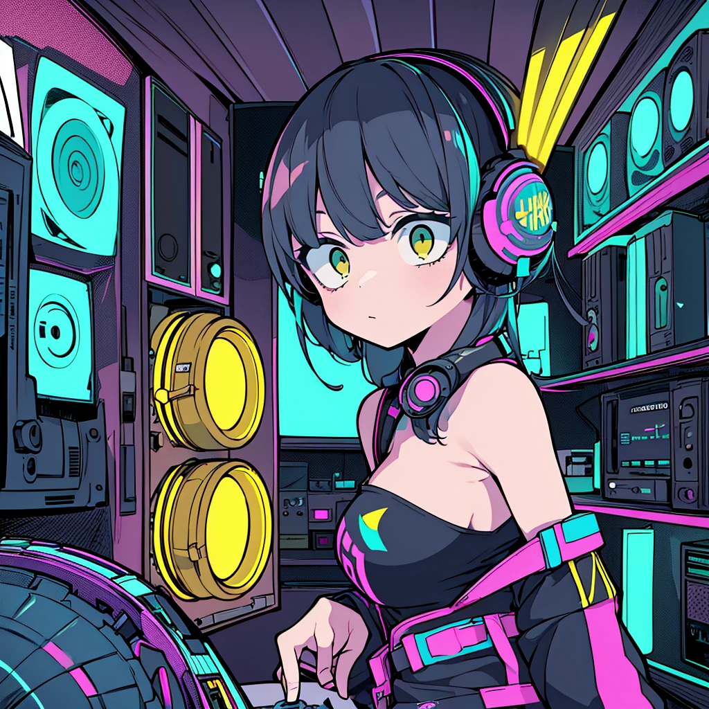 Best quality, (masterpiece), best detail face,1 girl, a little big breasts, 18 yo, 8k,absurdres,unity 8k wall paper,(extremely detailed:1.3), highest realistic, (retro headphones:), (soft neon light:), (psychedelic), Her room full of music equipment and records, sports wear , See the whole room , dark yellow color pallet