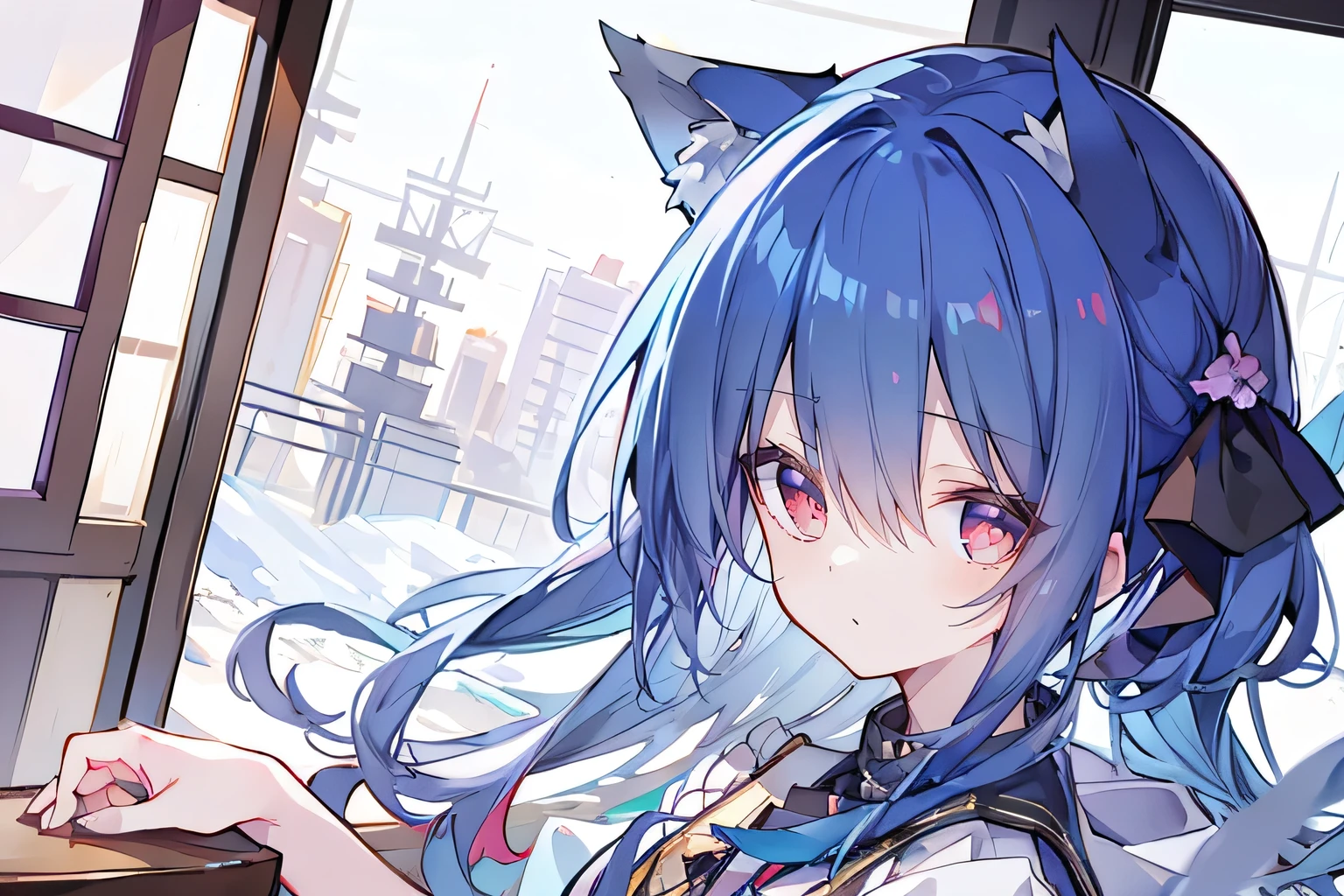 (Masterpiece:1.2),Ultra-detailed,lifelike,The eyes are expressive,Fair skin,Perfect face shape,1 girl,Japanese Manga,Gorgeous blue hair,Flowing blue hair,Flowing clothes,Cat ears,Petals falling,Smile,Tokyo background,background,heavy snow,winter.Highest quality,perfect face,sitting on window sill drinking coffee and looking out the window.