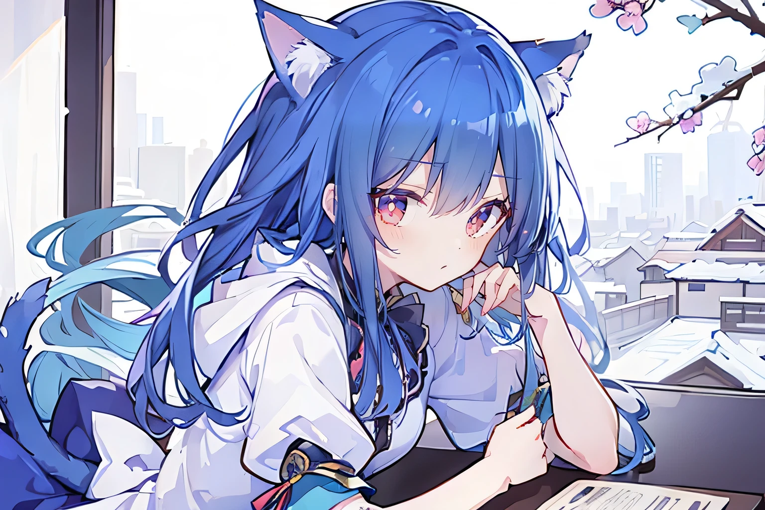 (Masterpiece:1.2),Ultra-detailed,lifelike,The eyes are expressive,Fair skin,Perfect face shape,1 girl,Japanese Manga,Gorgeous blue hair,Flowing blue hair,Flowing clothes,Cat ears,Petals falling,Smile,Tokyo background,background,heavy snow,winter.Highest quality,perfect face,sitting on window sill drinking coffee and looking out the window.
