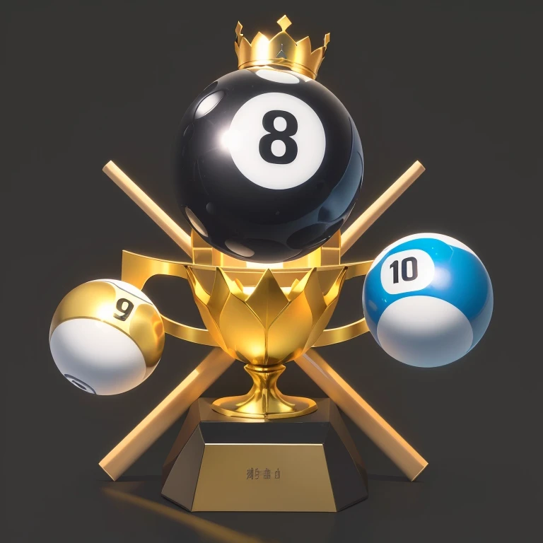 billiards，table tennis，Trophies，底座上放着Trophies，Trophies特写，Trophies上有billiards和数字 10, 3d icons for mobile games, Game Icon stylized, Game Icon asset, Contest, Game Icon, Kaneko, Cups and balls, Game assets, Award-winning illustrations, 3D game objects, Very detailed. Realistic Rewards, silver, Award-winning images, in the game, Stylized digital illustration,