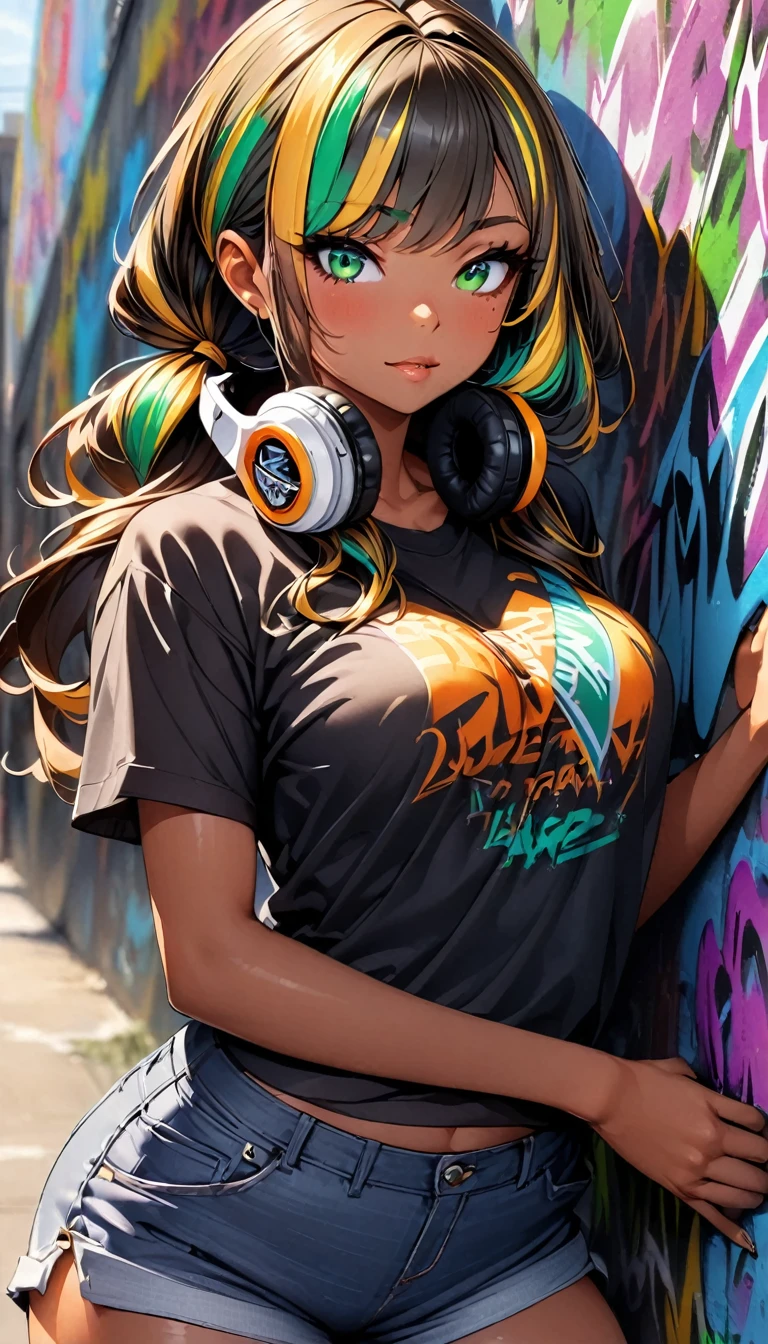 (highest quality:1.2, Very detailed, up to date, Vibrant, Ultra-high resolution, High Contrast, masterpiece:1.2, highest quality, Best aesthetics), Portraiture、solo, girl、(slim:1), (25-years-old), ((Skateboarder:1)), (orange baseball cap:1.3), (wearing headphones on neck), (holding a skateboard on side:1.5), (American olive t-shirts), jeans short pants, Bright colors、Beautiful fine details、Beautiful lip detail、long hair、low ponytail, white and yellow green ((streaked hair:1.6)), highlights hair: 1.5, (medium breast:1) , (tan skin:0.9), wall full of graffiti,((cowboy shot:1.5))