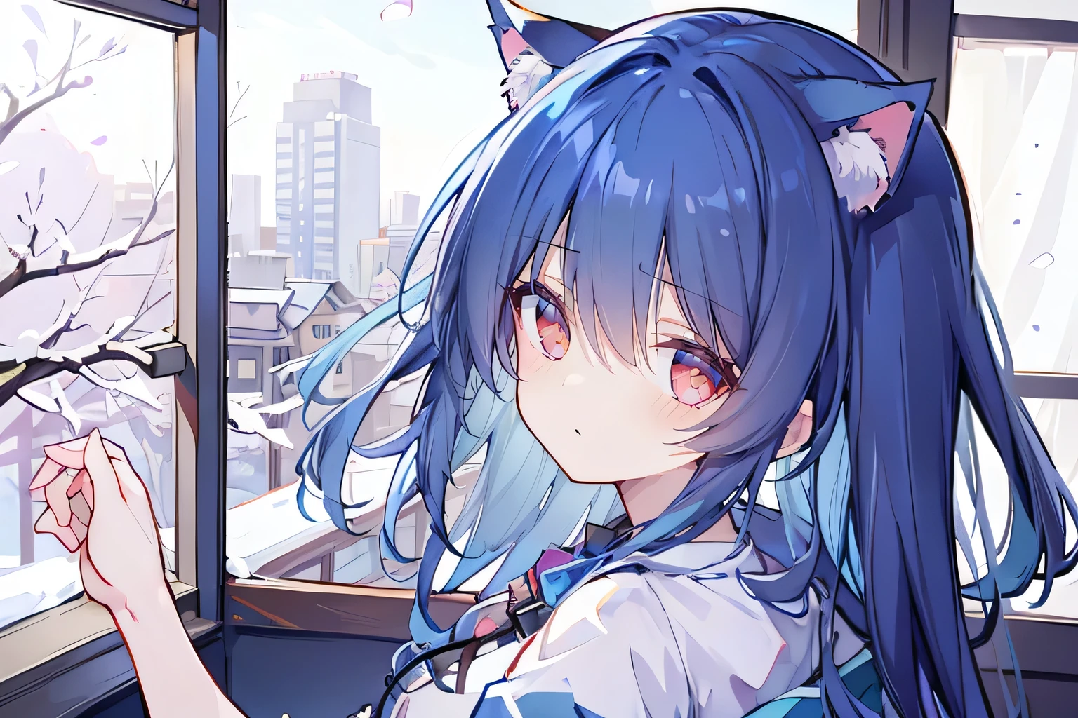 (Masterpiece:1.2),Ultra-detailed,lifelike,The eyes are expressive,Fair skin,Perfect face shape,1 girl,Japanese Manga,Gorgeous blue hair,Flowing blue hair,Flowing clothes,Cat ears,Petals falling,Smile,Tokyo background,background,heavy snow,winter.Highest quality,perfect face,sitting on window sill drinking coffee and looking out the window.